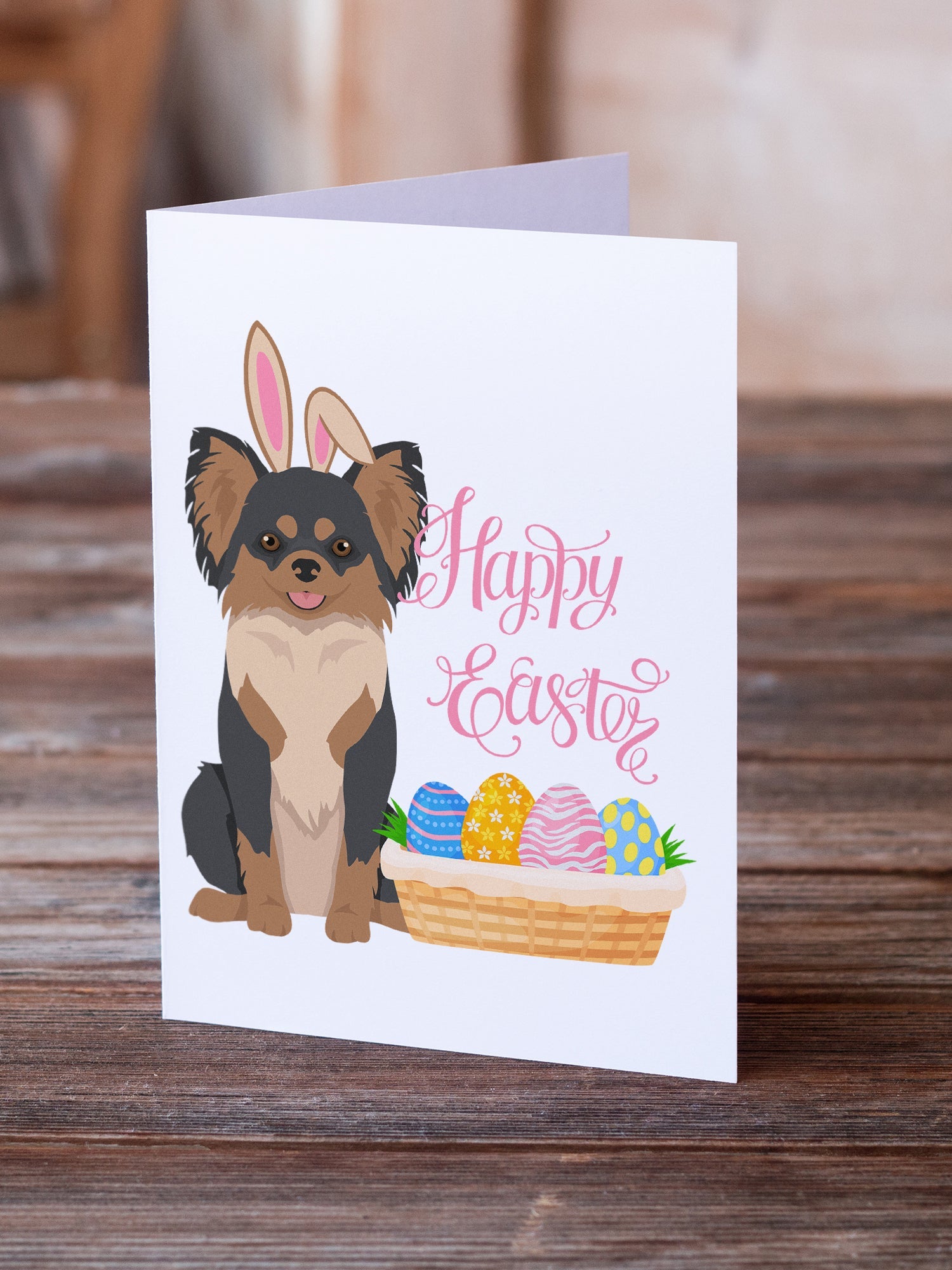 Longhaired Black and Tan Chihuahua Easter Greeting Cards Pack of 8 Blank Cards with Envelopes Whimsical A7 Size 5x7
