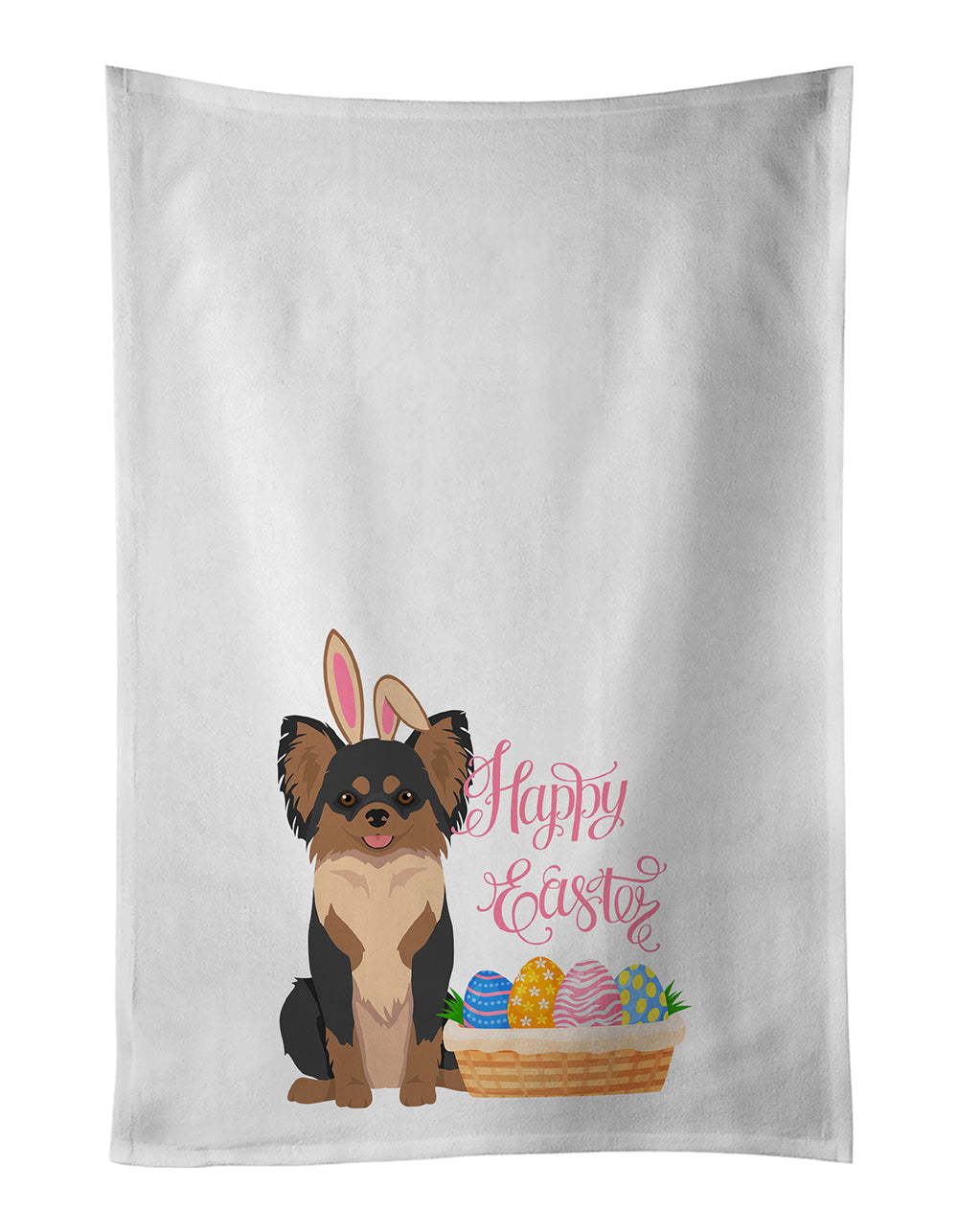 Longhaired Black and Tan Chihuahua Easter Kitchen Towel Set of 2 White Dish Towels Decorative Bathroom Hand towel for Hand, Face, Hair, Yoga, Tea, Dishcloth, 19 X 28", White