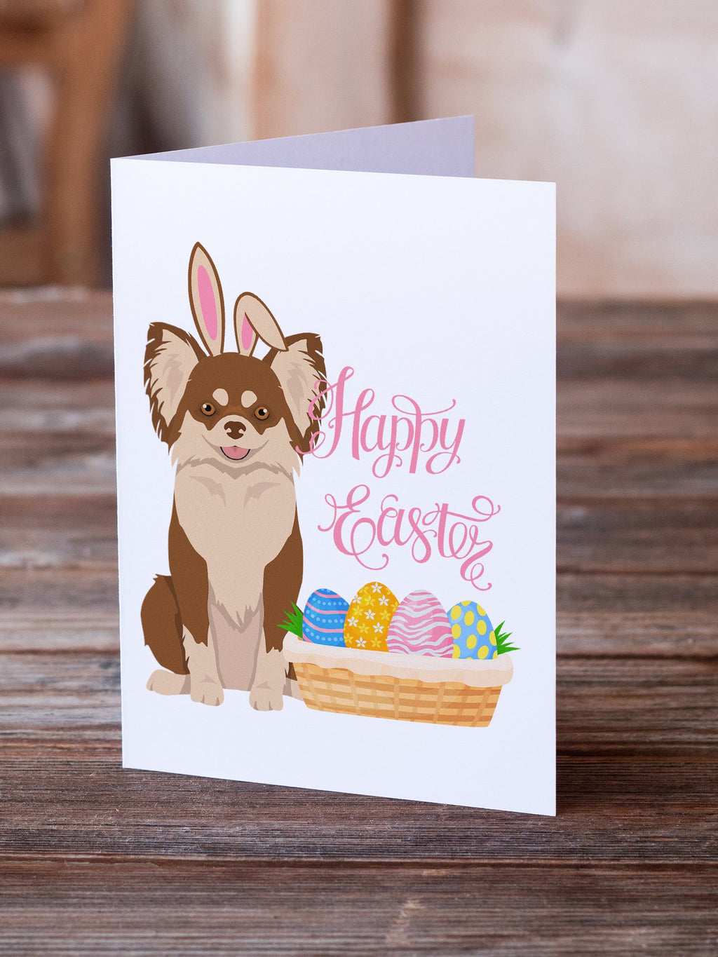 Longhaired Chocolate and White Chihuahua Easter Greeting Cards Pack of 8 Blank Cards with Envelopes Whimsical A7 Size 5x7