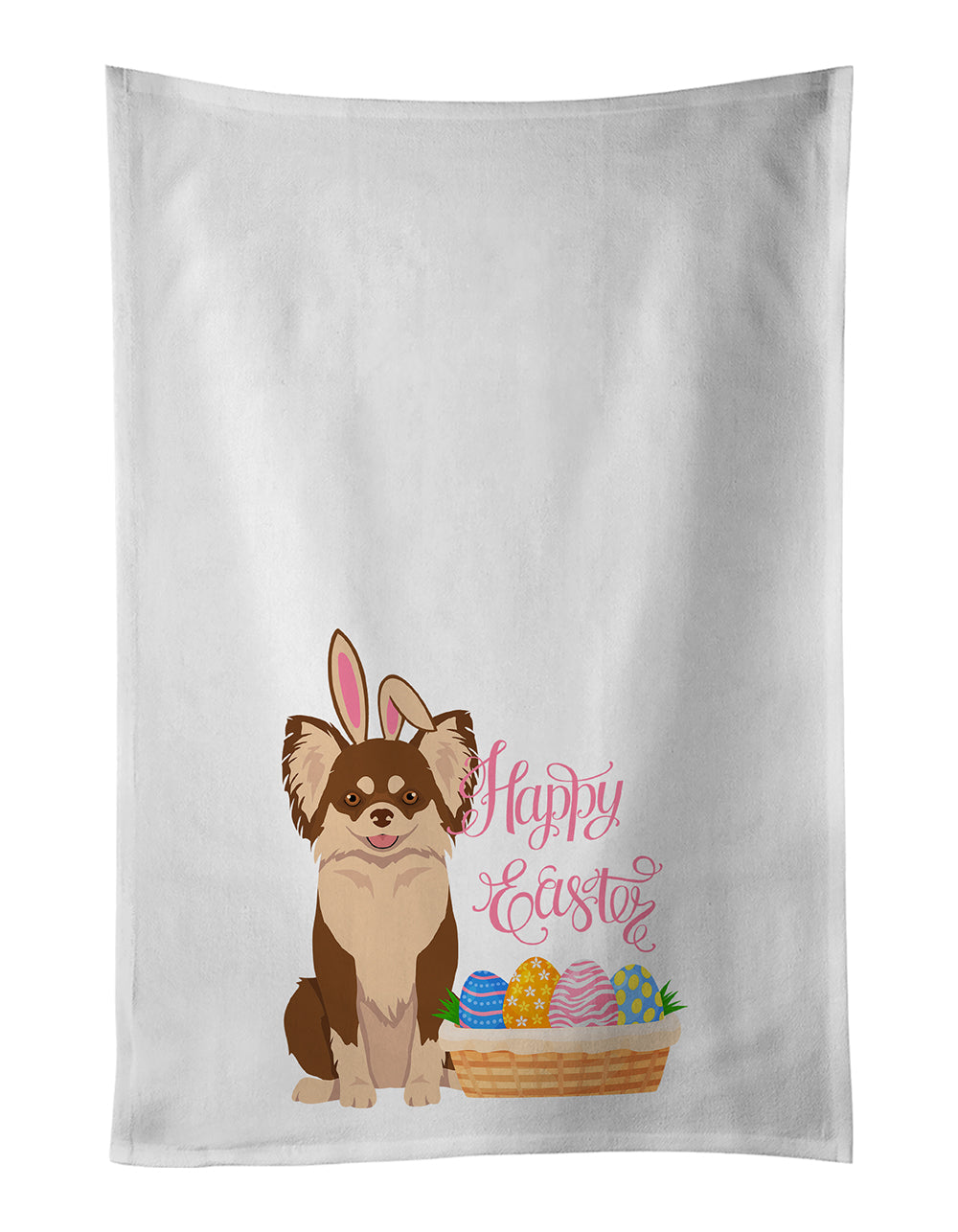 Longhaired Chocolate and White Chihuahua Easter Kitchen Towel Set of 2 White Dish Towels Decorative Bathroom Hand towel for Hand, Face, Hair, Yoga, Tea, Dishcloth, 19 X 28", White