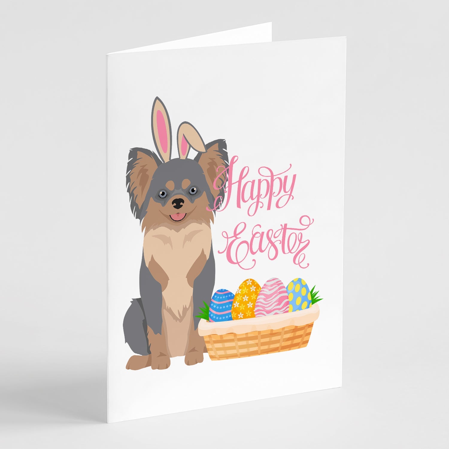 Longhaired Blue and Tan Chihuahua Easter Greeting Cards Pack of 8 Blank Cards with Envelopes Whimsical A7 Size 5x7