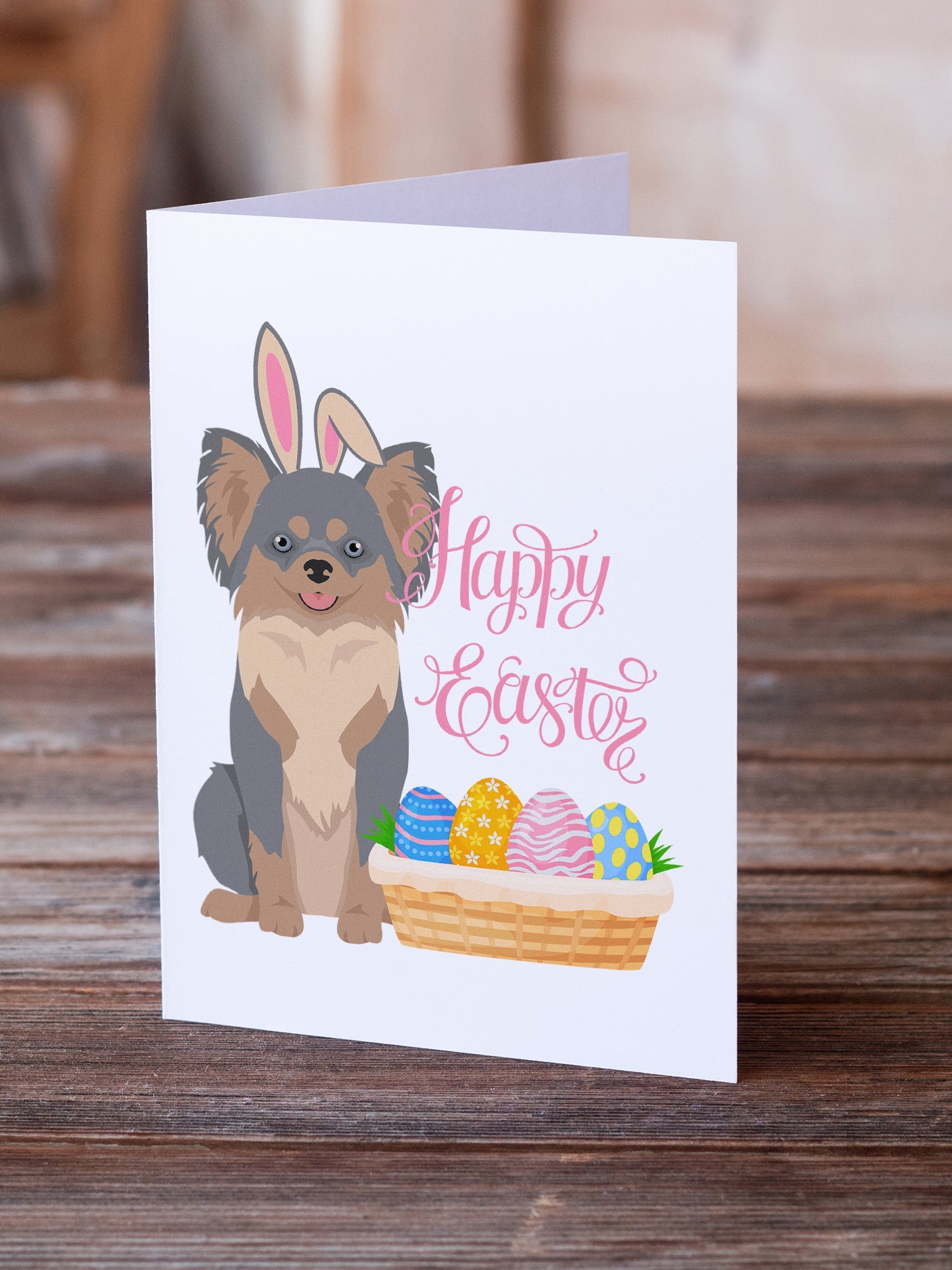 Longhaired Blue and Tan Chihuahua Easter Greeting Cards Pack of 8 Blank Cards with Envelopes Whimsical A7 Size 5x7
