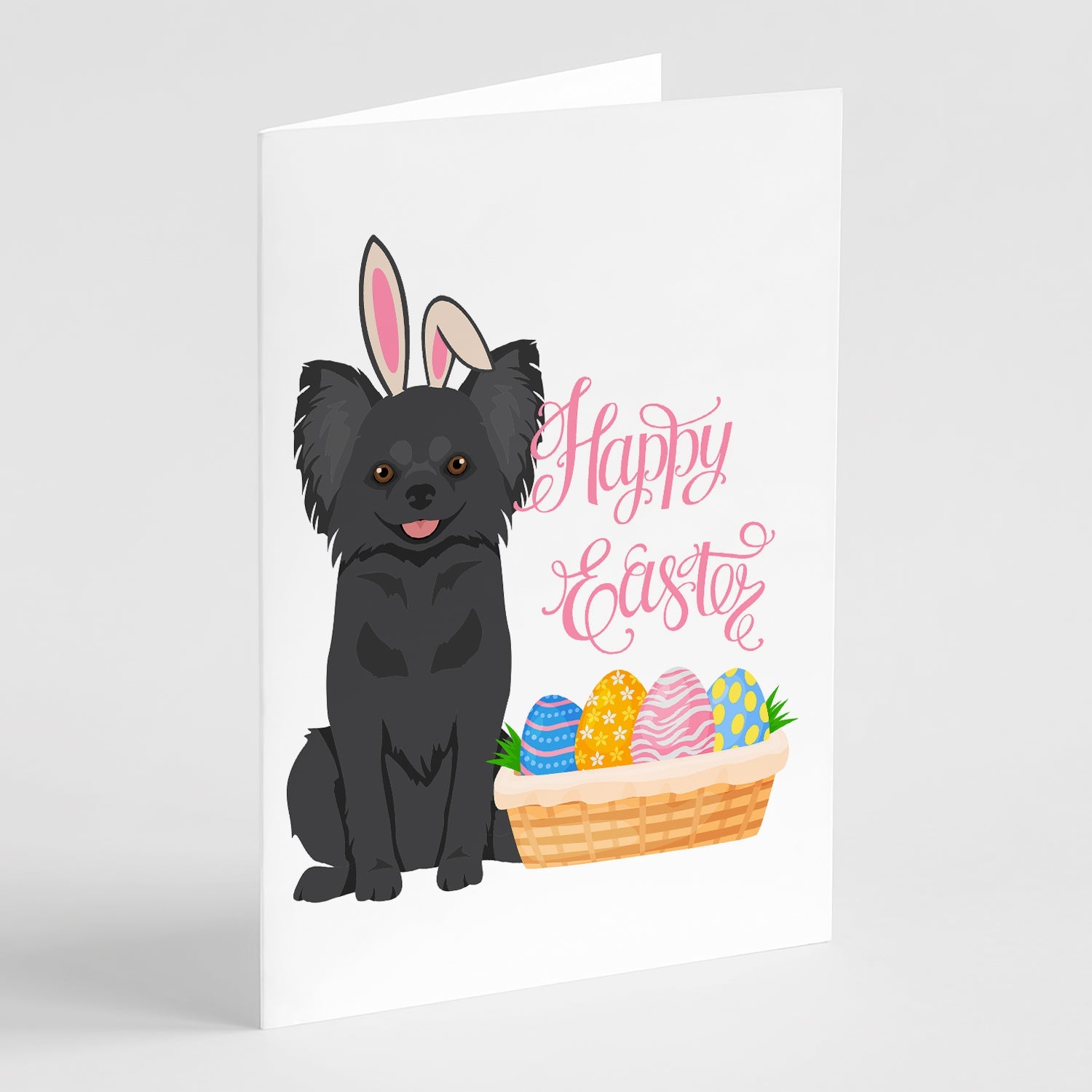 Longhaired Black Chihuahua Easter Greeting Cards Pack of 8 Blank Cards with Envelopes Whimsical A7 Size 5x7