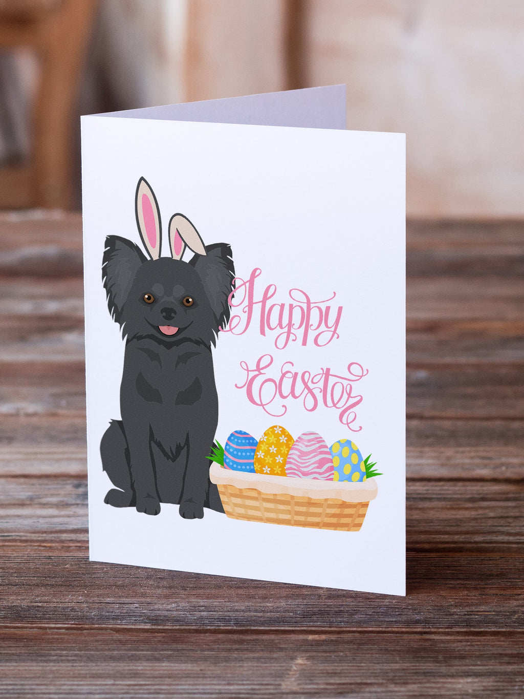 Longhaired Black Chihuahua Easter Greeting Cards Pack of 8 Blank Cards with Envelopes Whimsical A7 Size 5x7