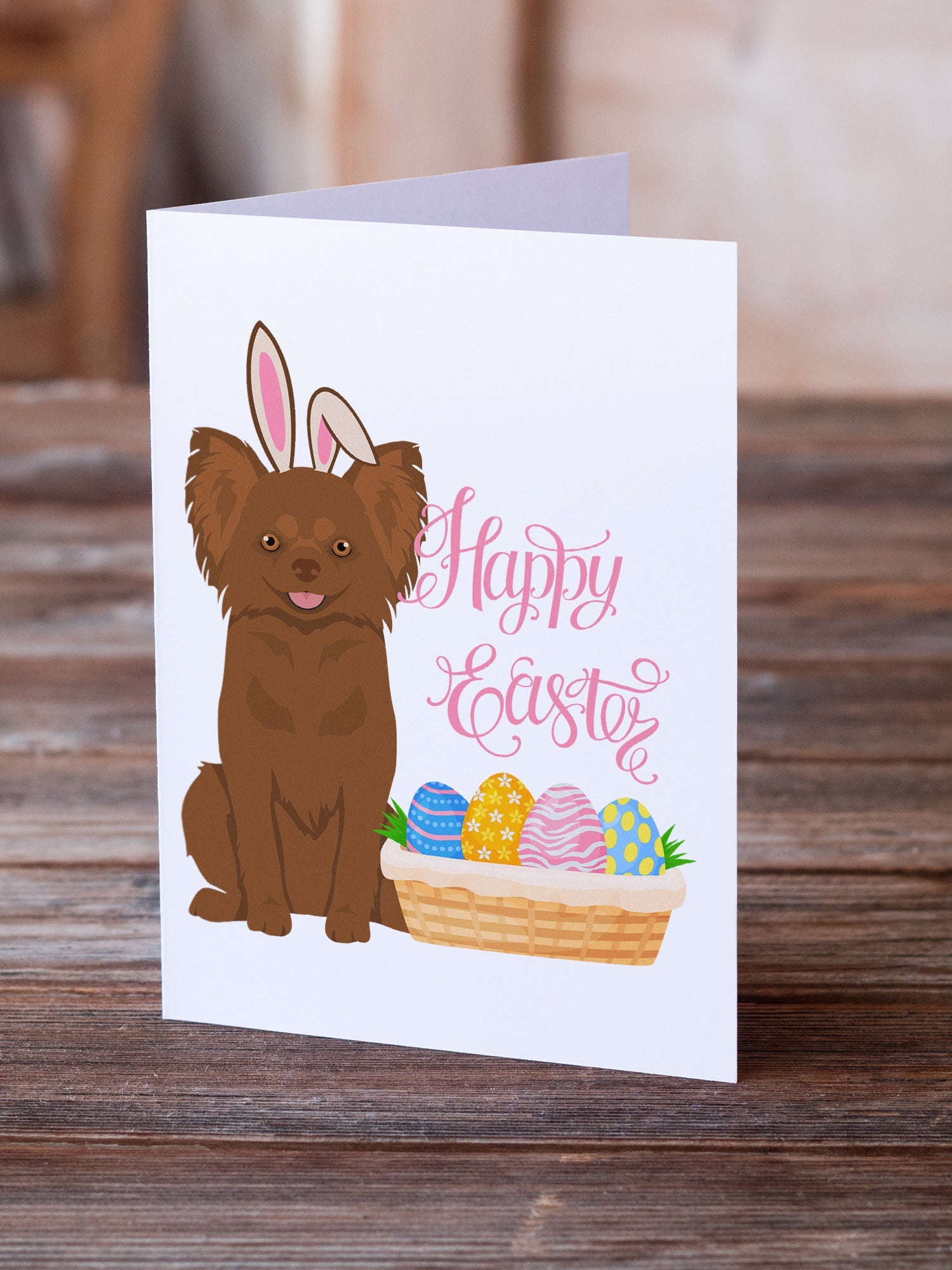 Longhaired Chocolate Chihuahua Easter Greeting Cards Pack of 8 Blank Cards with Envelopes Whimsical A7 Size 5x7