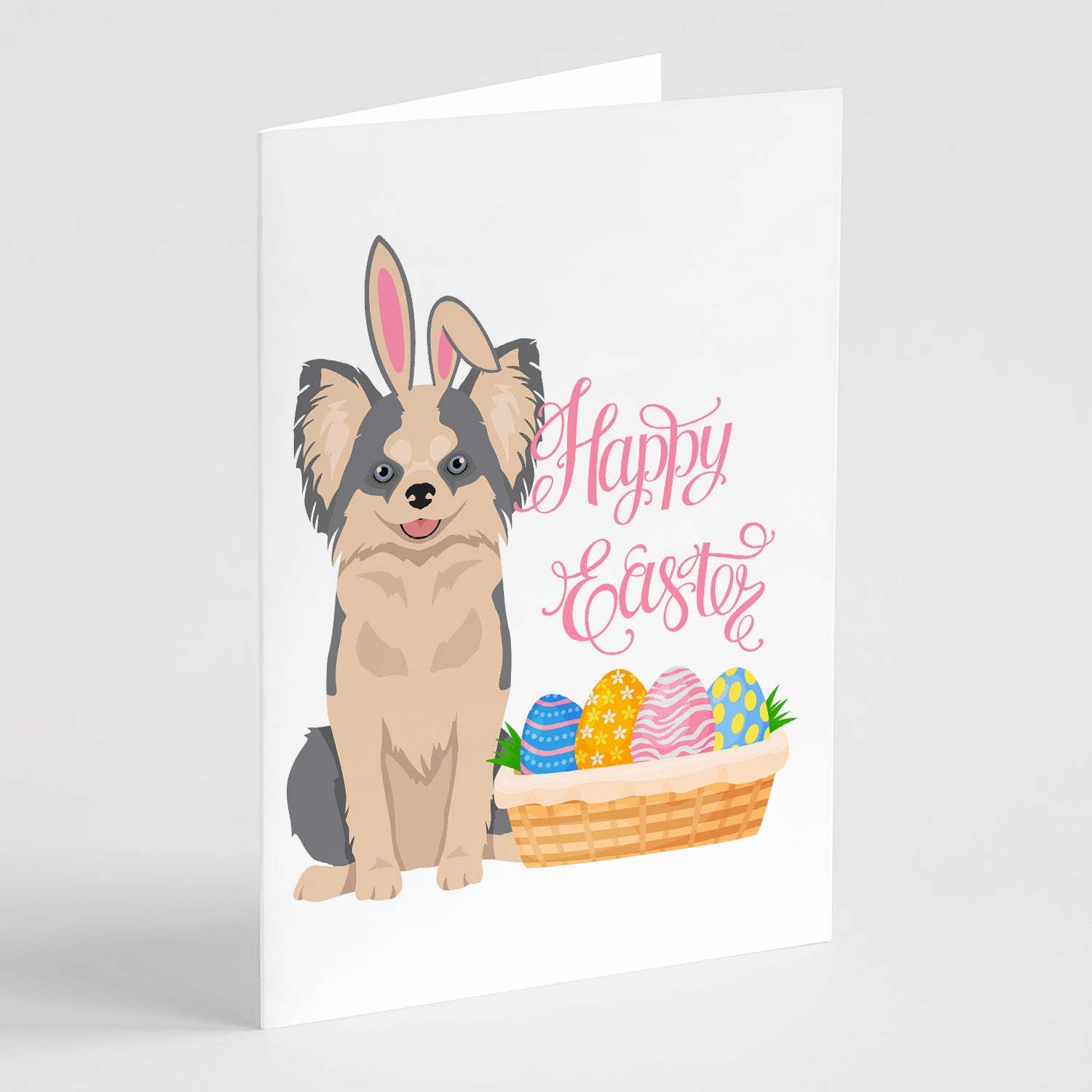 Longhaired Blue and White Chihuahua Easter Greeting Cards Pack of 8 Blank Cards with Envelopes Whimsical A7 Size 5x7