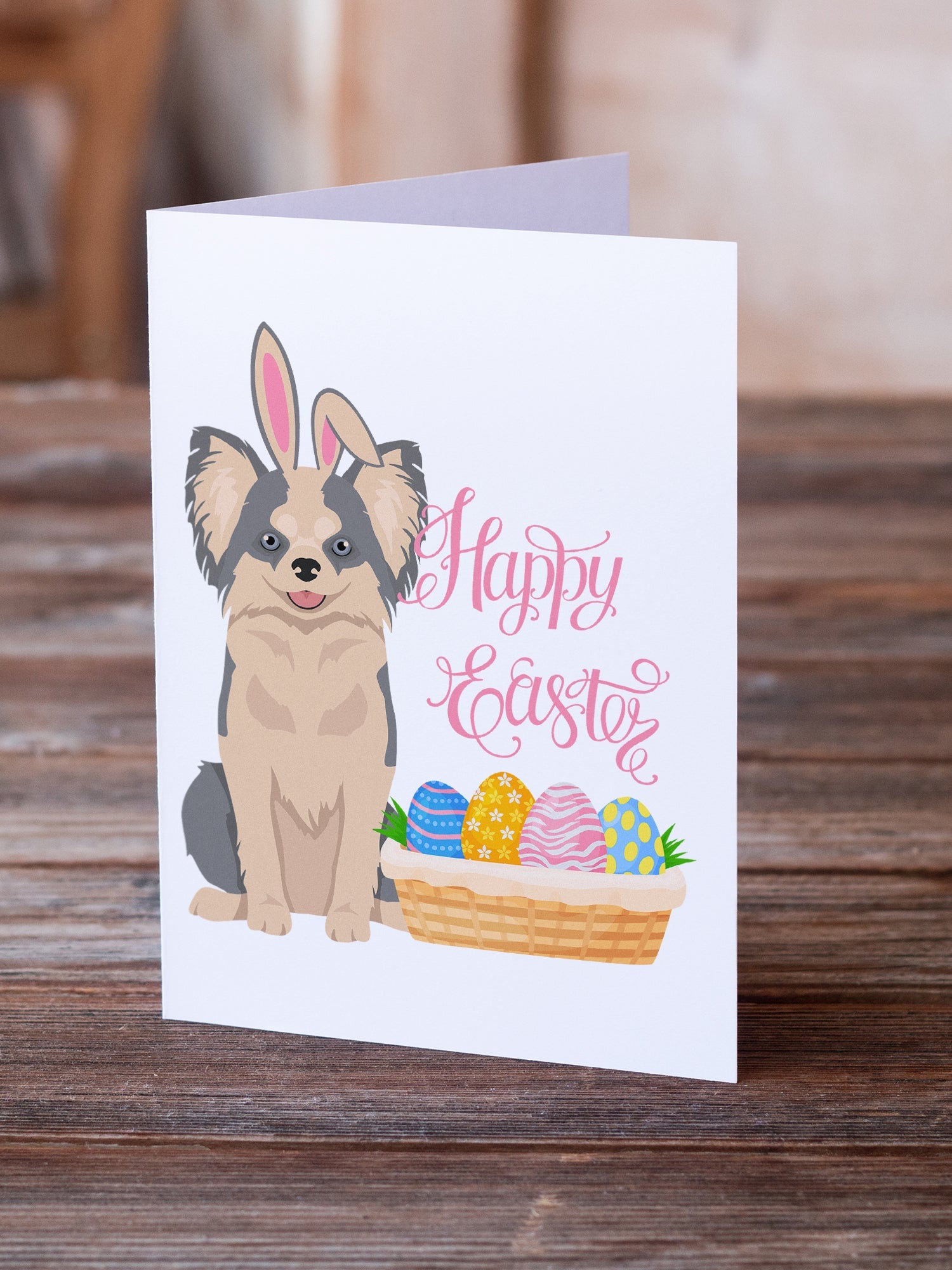 Longhaired Blue and White Chihuahua Easter Greeting Cards Pack of 8 Blank Cards with Envelopes Whimsical A7 Size 5x7