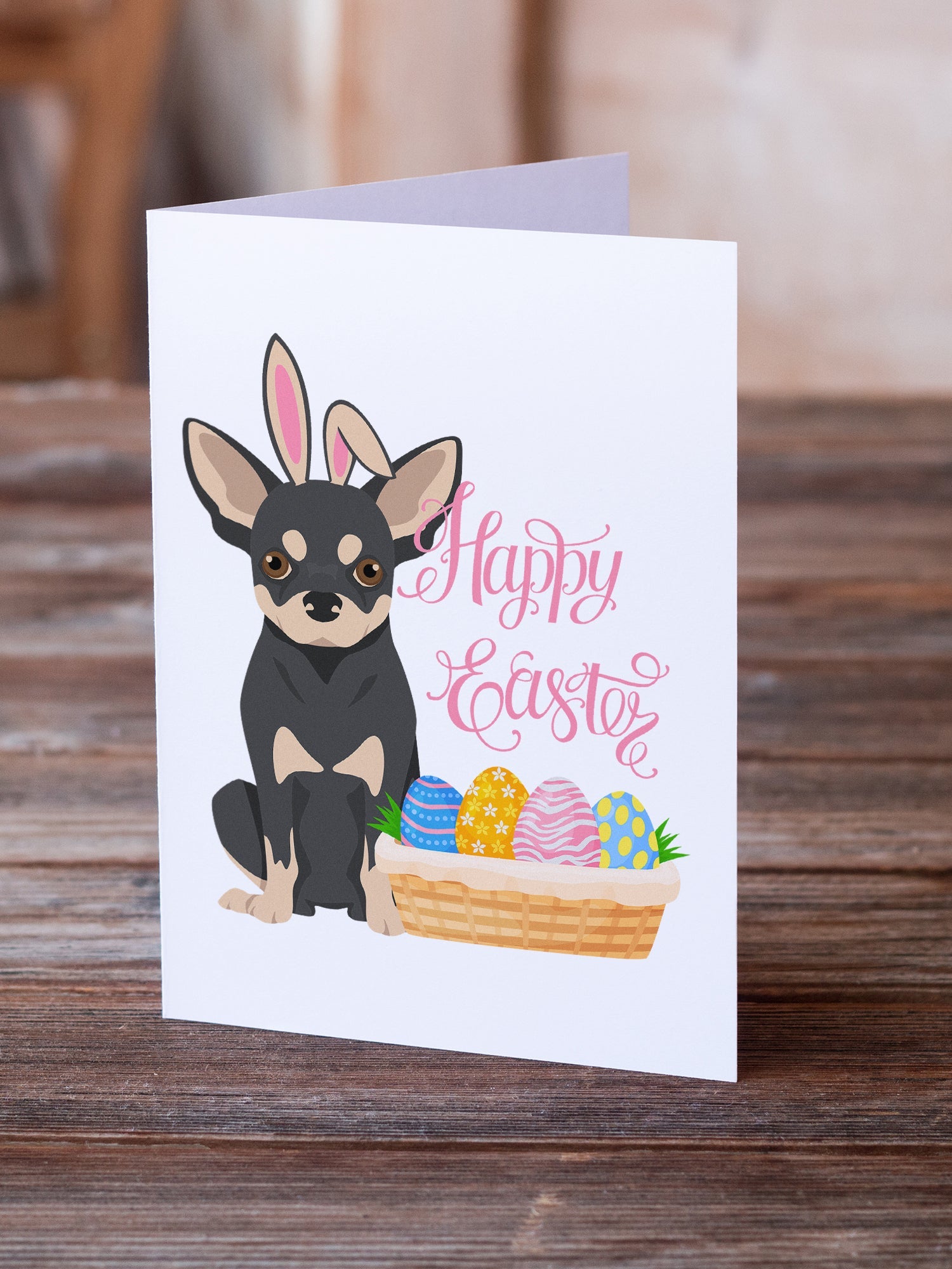 Black and Cream Chihuahua Easter Greeting Cards Pack of 8 Blank Cards with Envelopes Whimsical A7 Size 5x7