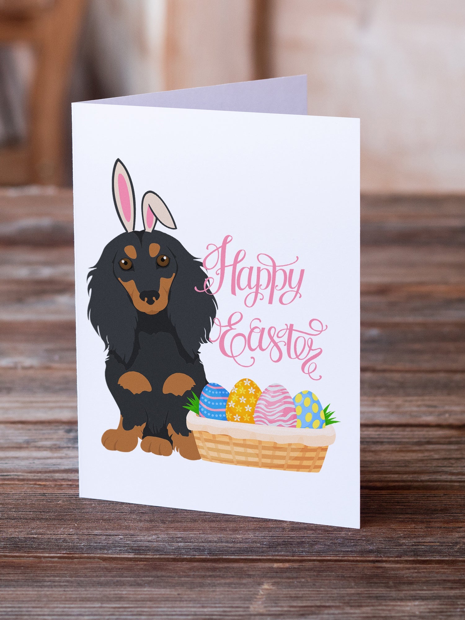 Longhair Black and Tan Dachshund Easter Greeting Cards Pack of 8 Blank Cards with Envelopes Whimsical A7 Size 5x7