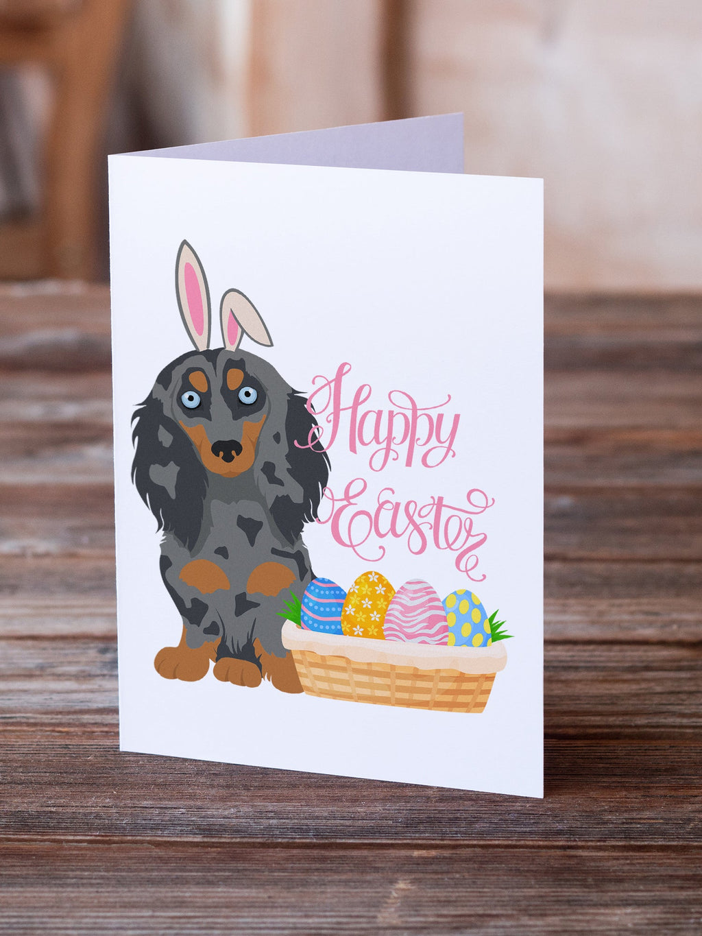 Longhair Blue and Tan Dapple Dachshund Easter Greeting Cards Pack of 8 Blank Cards with Envelopes Whimsical A7 Size 5x7