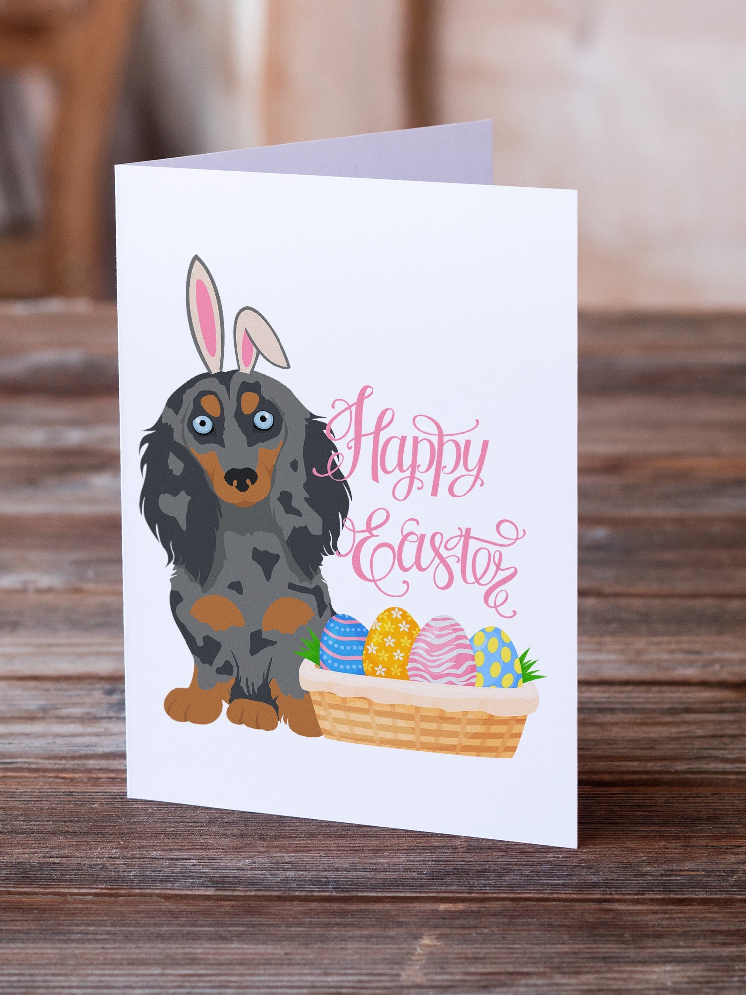 Longhair Blue and Tan Dapple Dachshund Easter Greeting Cards Pack of 8 Blank Cards with Envelopes Whimsical A7 Size 5x7