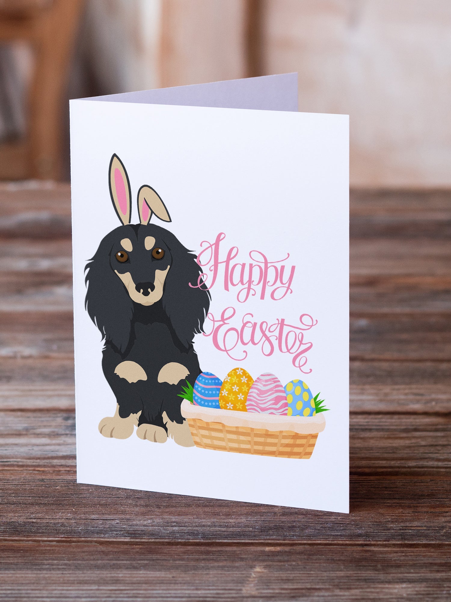 Longhair Black and Cream Dachshund Easter Greeting Cards Pack of 8 Blank Cards with Envelopes Whimsical A7 Size 5x7