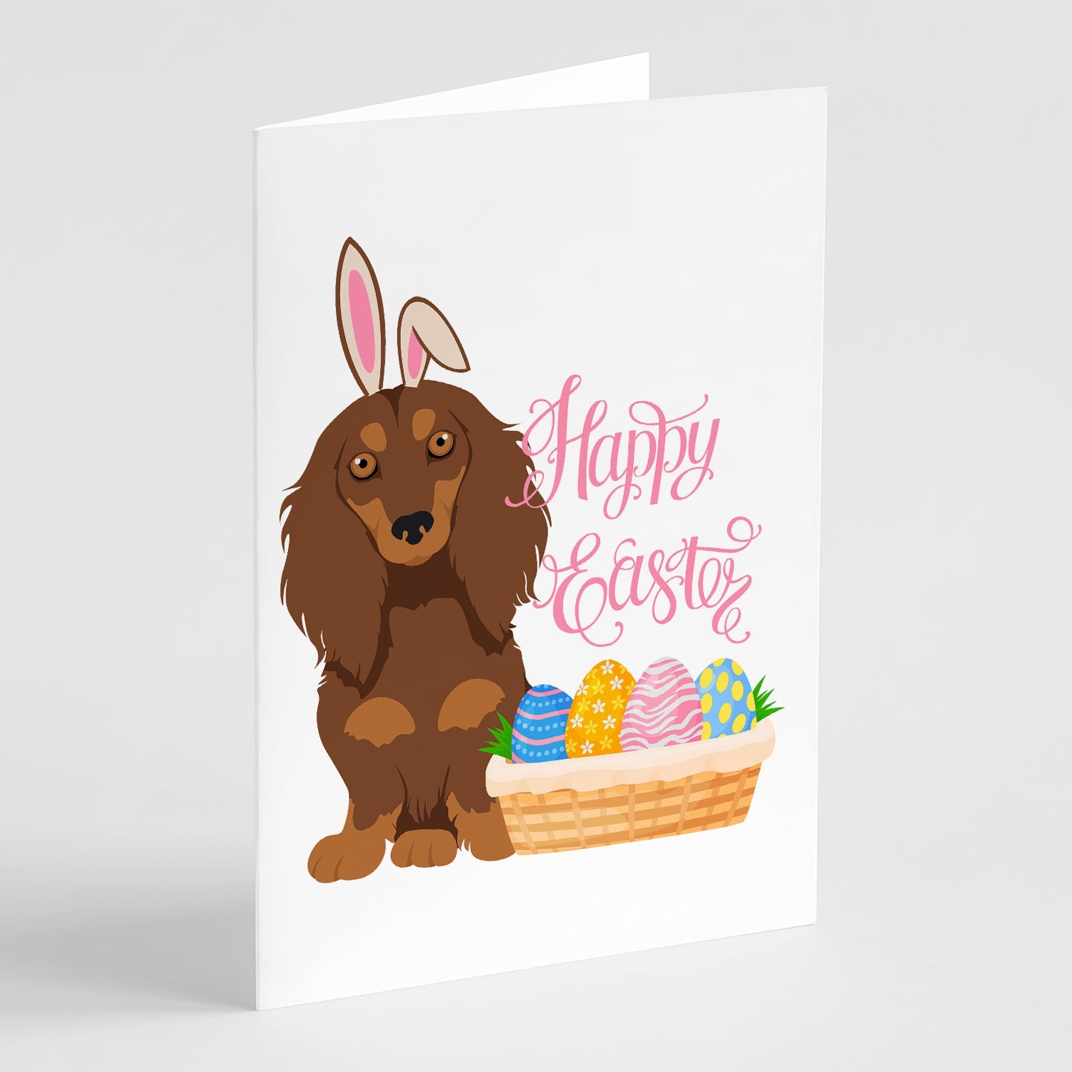 Longhair Chocolate and Tan Dachshund Easter Greeting Cards Pack of 8 Blank Cards with Envelopes Whimsical A7 Size 5x7