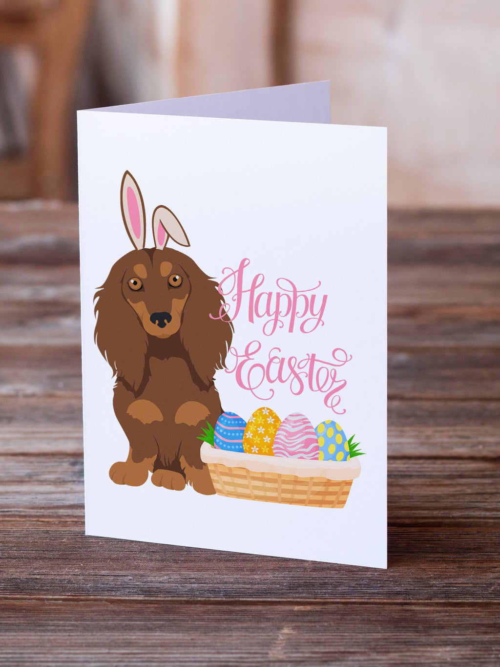 Longhair Chocolate and Tan Dachshund Easter Greeting Cards Pack of 8 Blank Cards with Envelopes Whimsical A7 Size 5x7