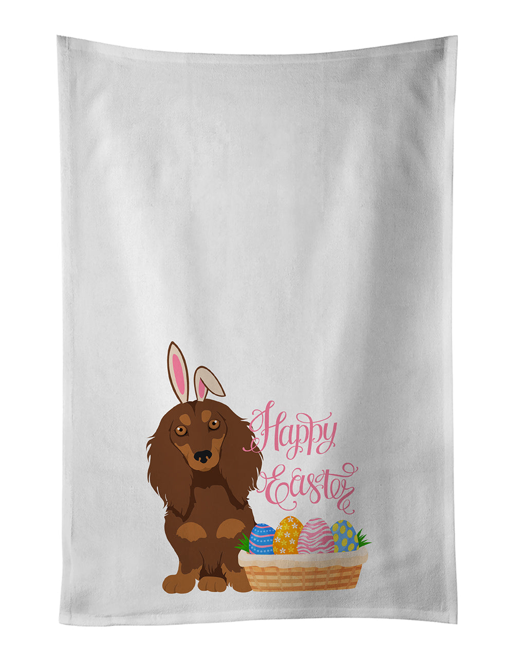Longhair Chocolate and Tan Dachshund Easter Kitchen Towel Set of 2 White Dish Towels Decorative Bathroom Hand towel for Hand, Face, Hair, Yoga, Tea, Dishcloth, 19 X 28", White
