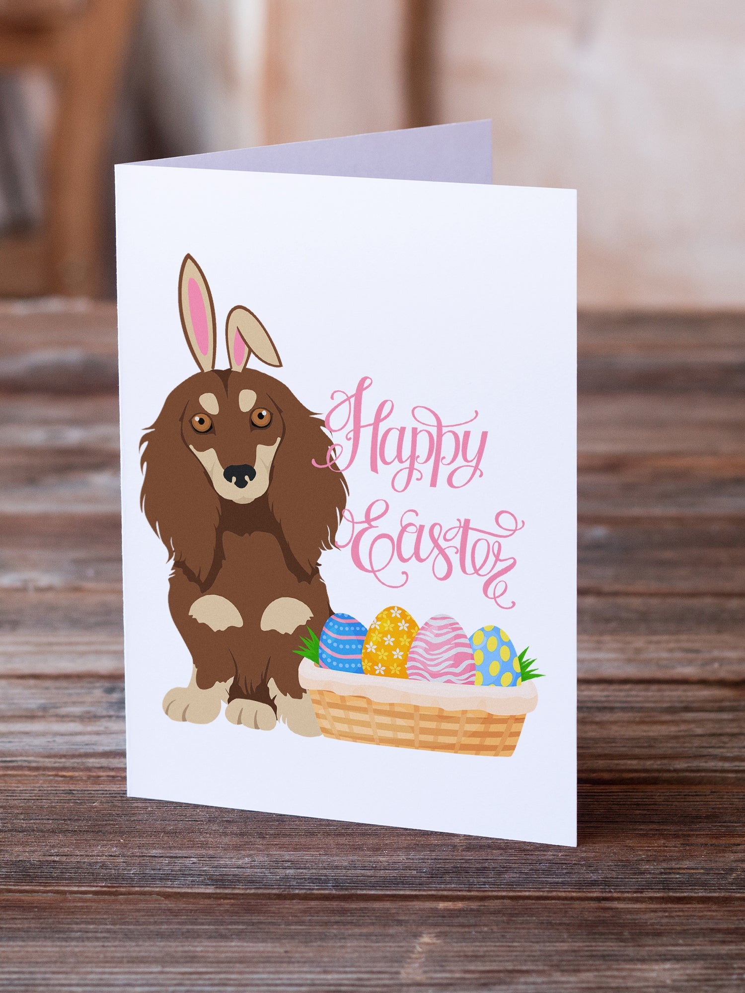 Longhair Chocolate and Cream Dachshund Easter Greeting Cards Pack of 8 Blank Cards with Envelopes Whimsical A7 Size 5x7