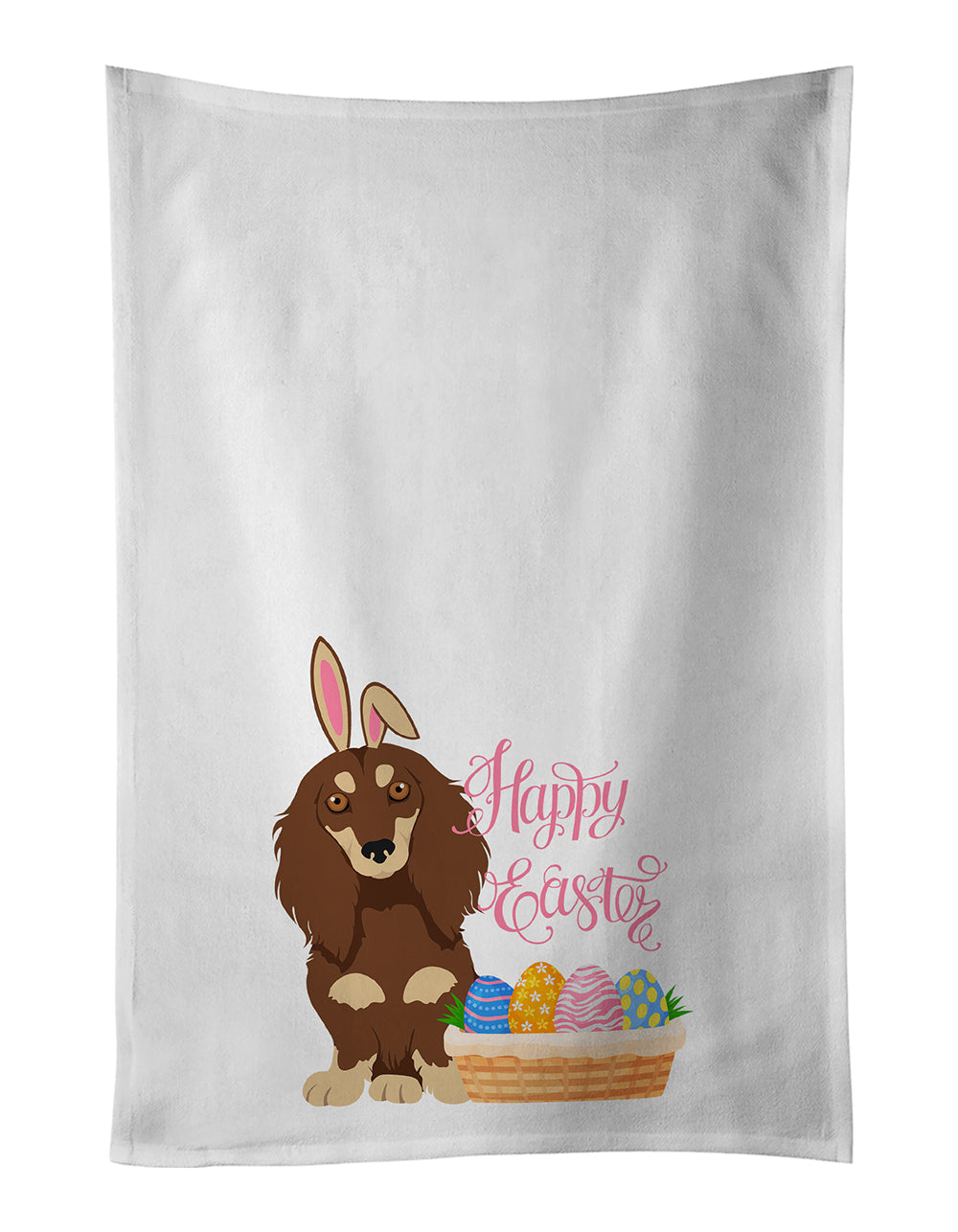Longhair Chocolate and Cream Dachshund Easter Kitchen Towel Set of 2 White Dish Towels Decorative Bathroom Hand towel for Hand, Face, Hair, Yoga, Tea, Dishcloth, 19 X 28", White
