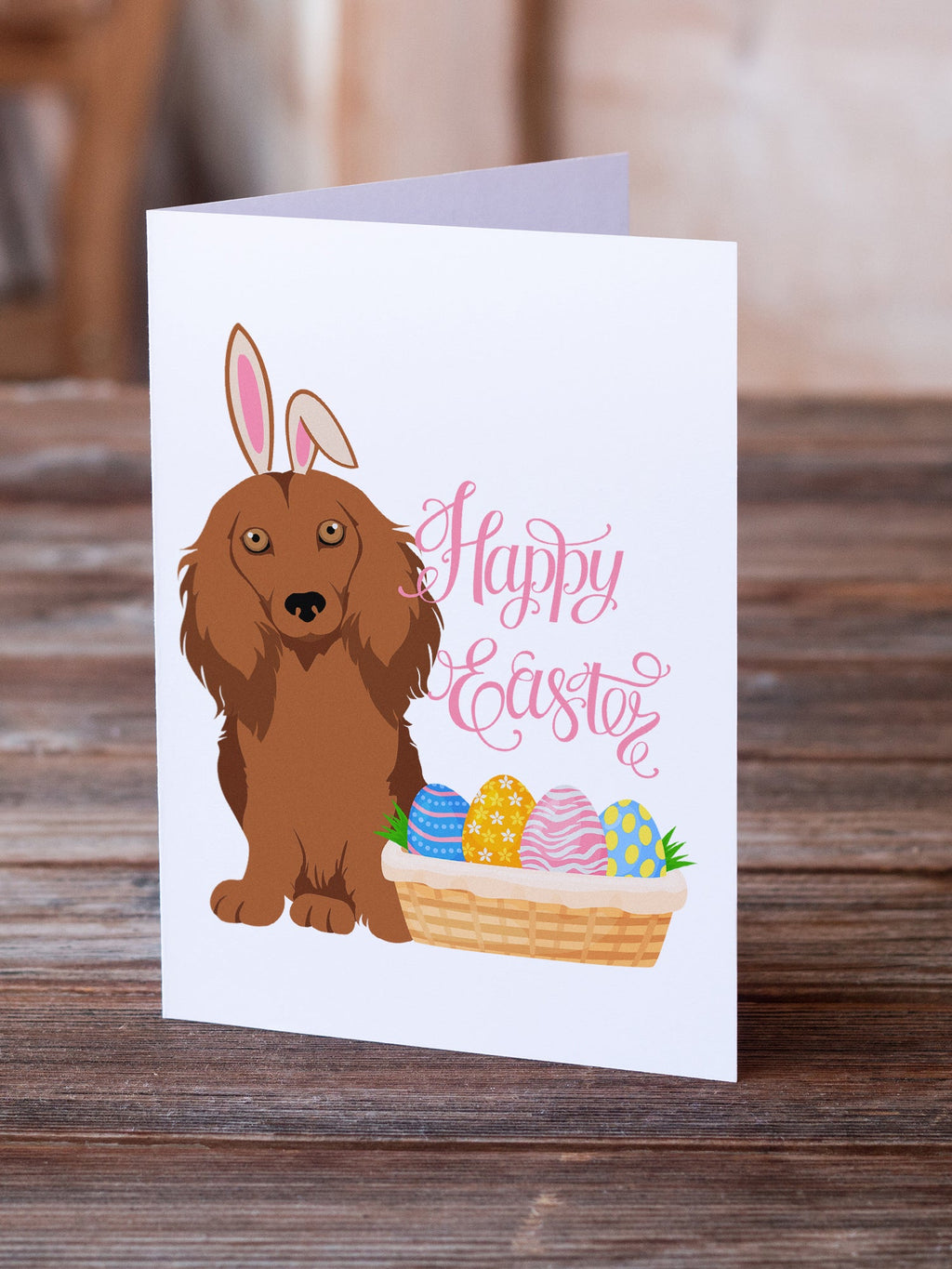 Longhair Red Dachshund Easter Greeting Cards Pack of 8 Blank Cards with Envelopes Whimsical A7 Size 5x7