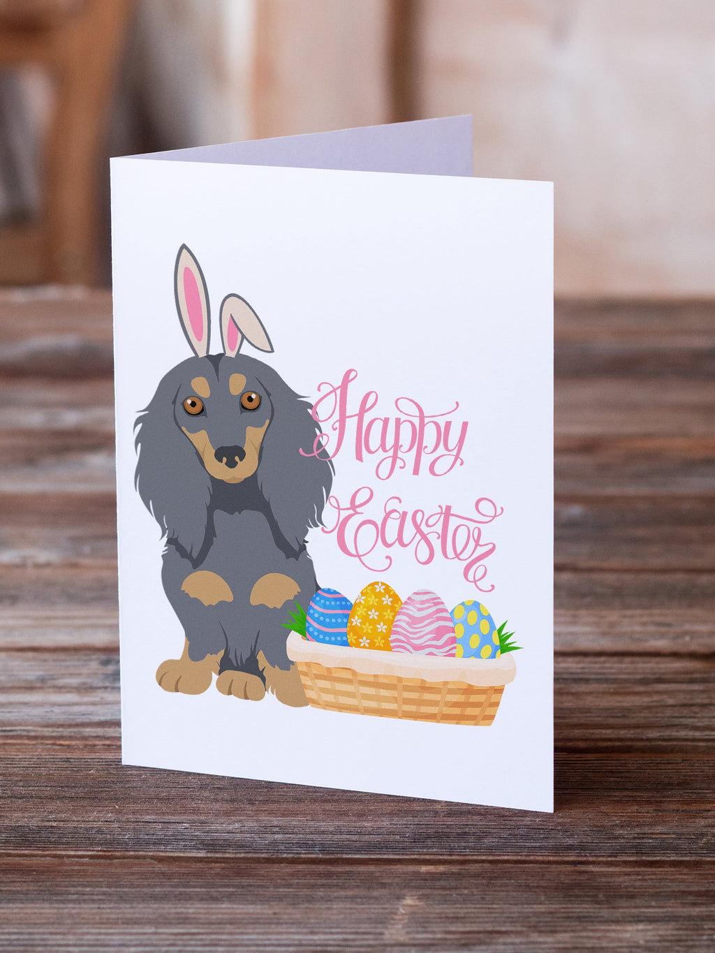 Longhair Blue and Tan Dachshund Easter Greeting Cards Pack of 8 Blank Cards with Envelopes Whimsical A7 Size 5x7