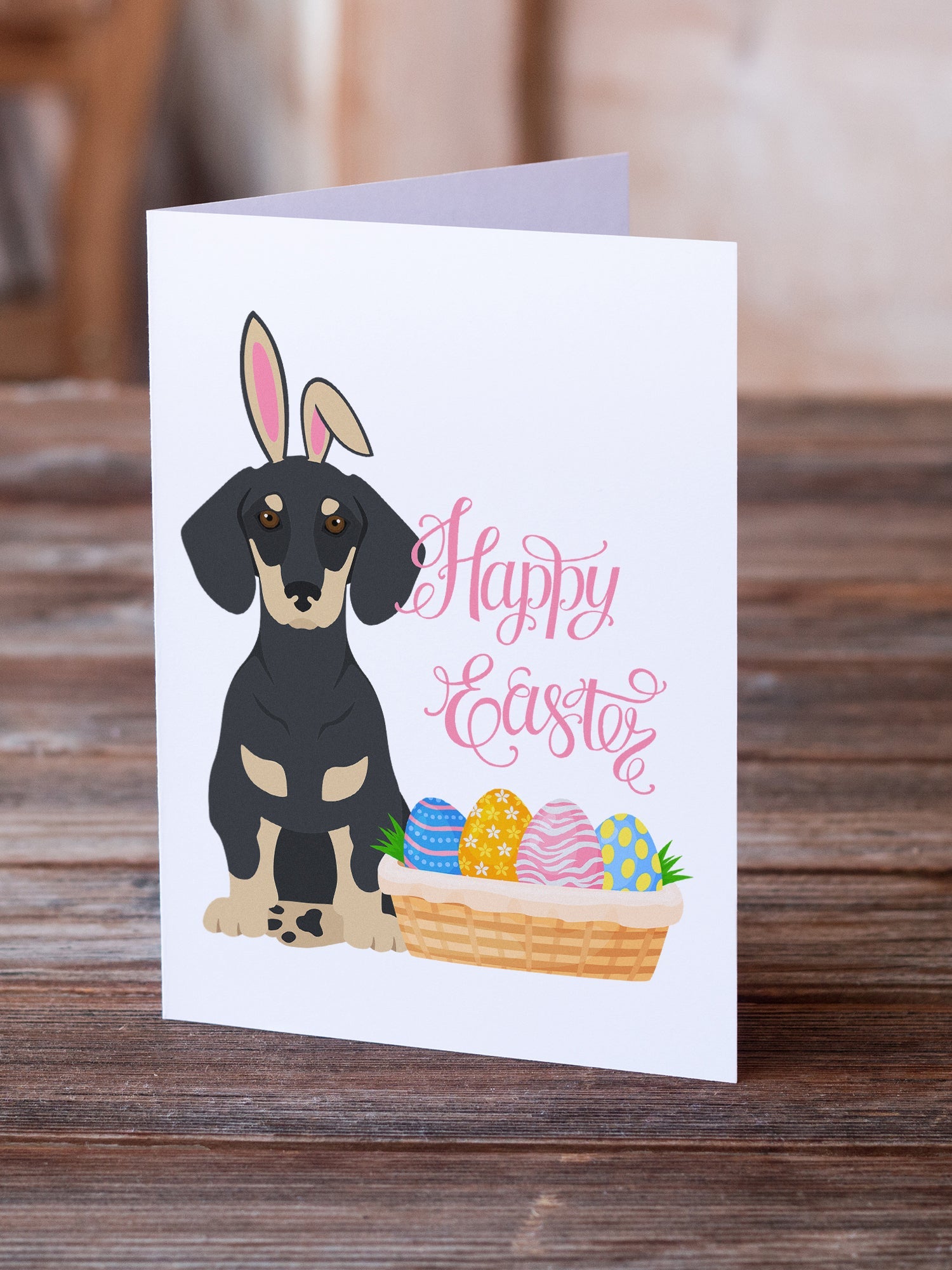 Black and Cream Dachshund Easter Greeting Cards Pack of 8 Blank Cards with Envelopes Whimsical A7 Size 5x7