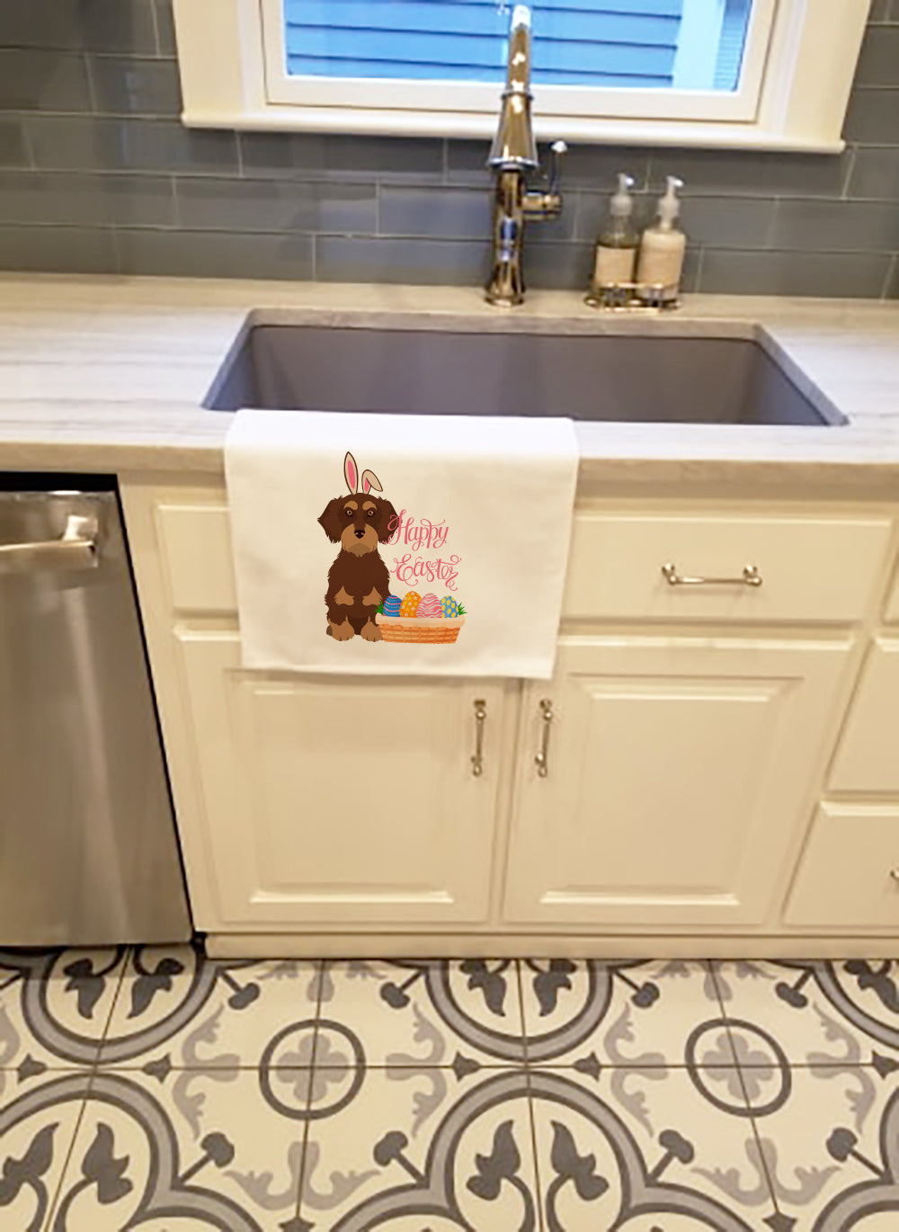 Wirehair Red and Tan Dachshund Easter Kitchen Towel Set of 2 White Dish Towels Decorative Bathroom Hand towel for Hand, Face, Hair, Yoga, Tea, Dishcloth, 19 X 28", White