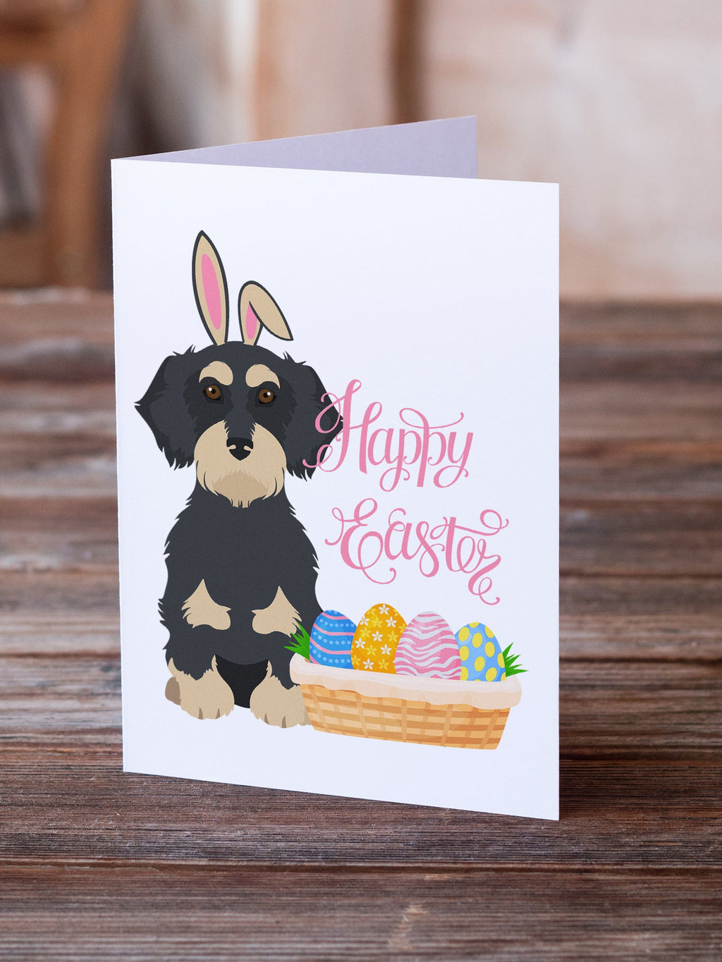 Wirehair Black and Cream Dachshund Easter Greeting Cards Pack of 8 Blank Cards with Envelopes Whimsical A7 Size 5x7