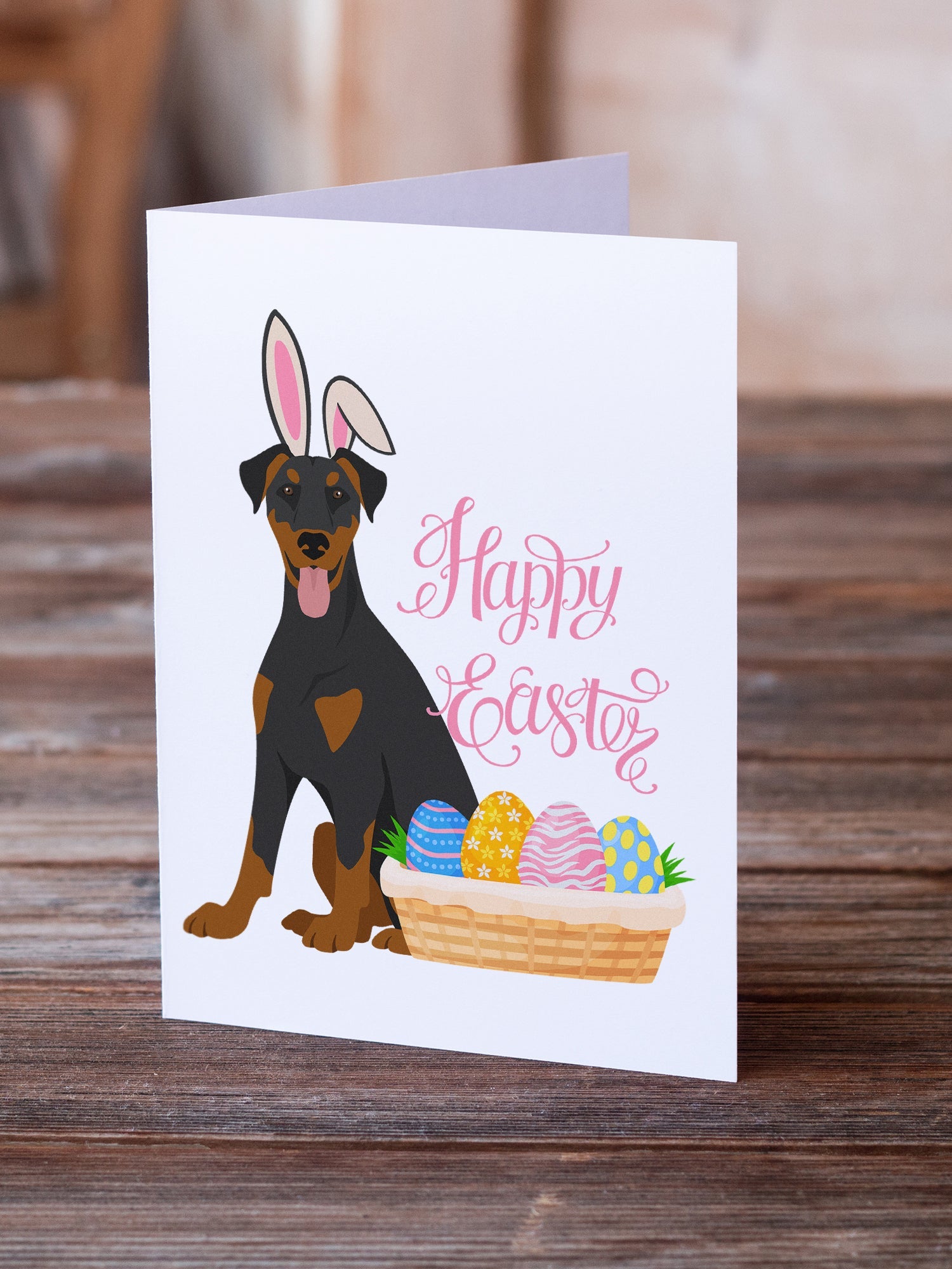 Natural Ear Black and Tan Doberman Pinscher Easter Greeting Cards Pack of 8 Blank Cards with Envelopes Whimsical A7 Size 5x7