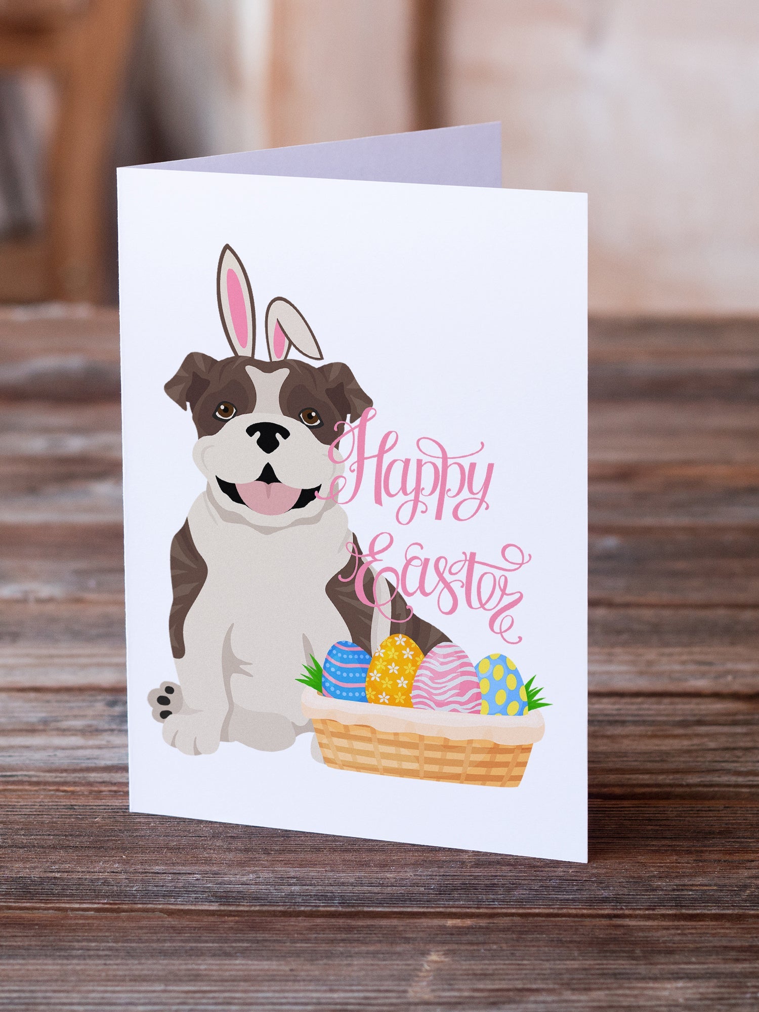 Brindle English Bulldog Easter Greeting Cards Pack of 8 Blank Cards with Envelopes Whimsical A7 Size 5x7