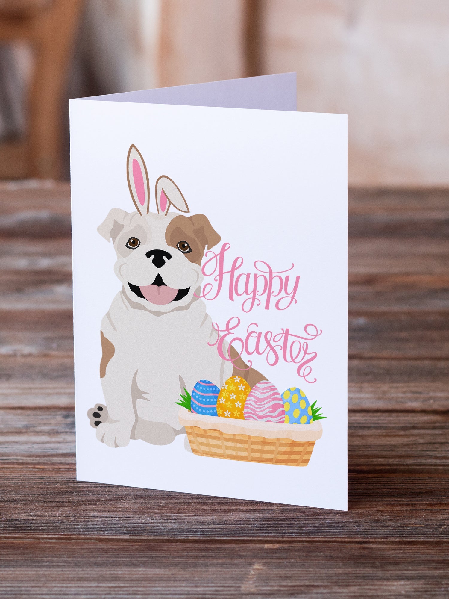 Piebald English Bulldog Easter Greeting Cards Pack of 8 Blank Cards with Envelopes Whimsical A7 Size 5x7