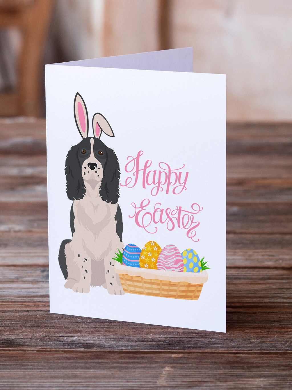 Black English Springer Spaniel Easter Greeting Cards Pack of 8 Blank Cards with Envelopes Whimsical A7 Size 5x7