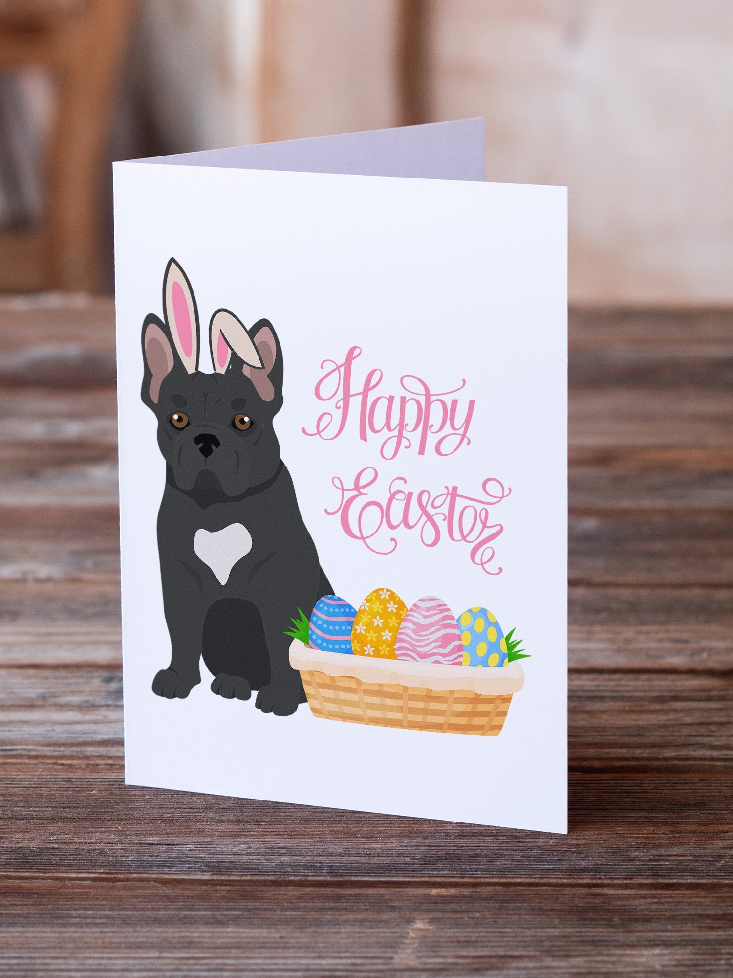 Black French Bulldog Easter Greeting Cards Pack of 8 Blank Cards with Envelopes Whimsical A7 Size 5x7