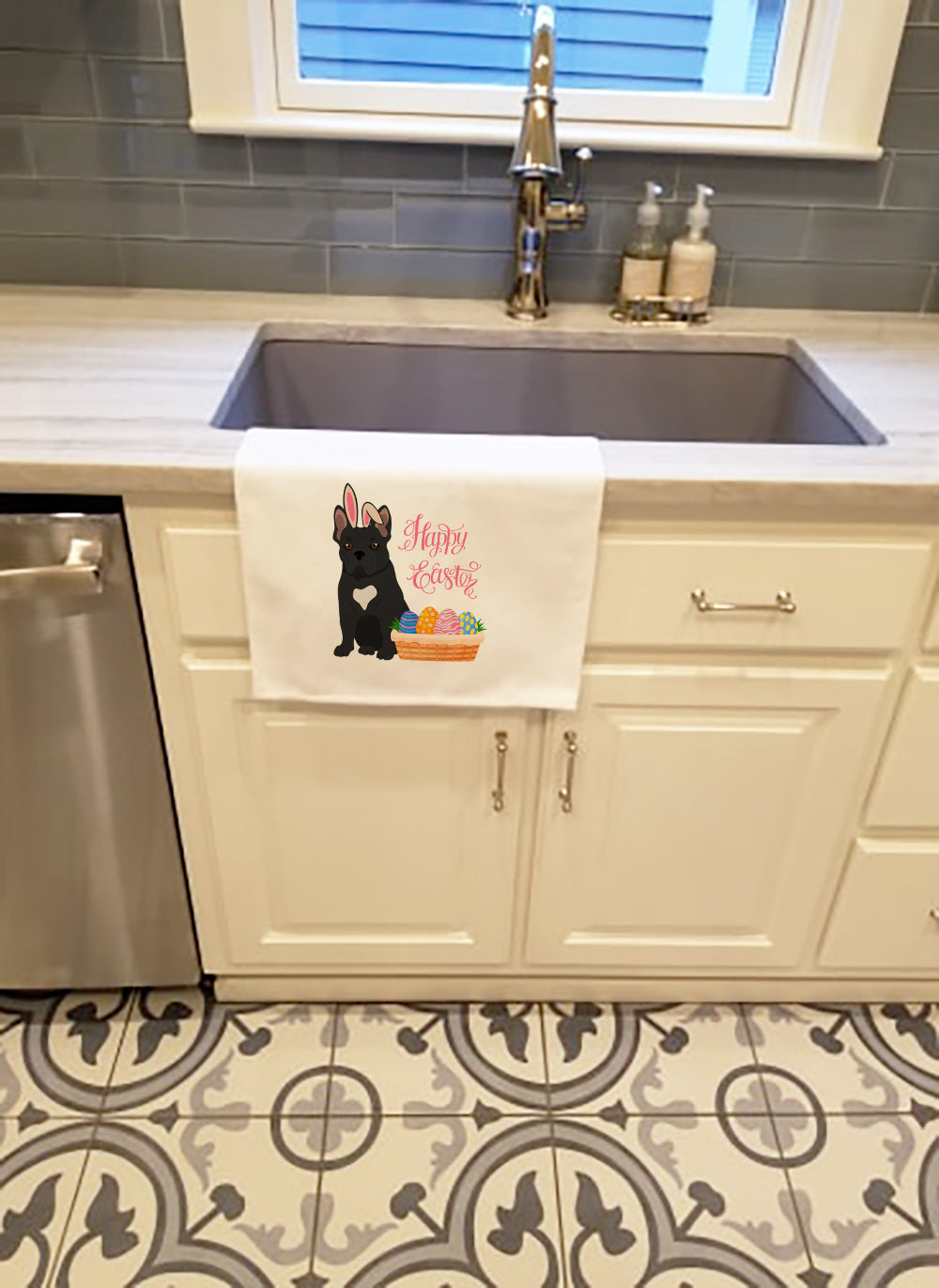 Black French Bulldog Easter Kitchen Towel Set of 2 White Dish Towels Decorative Bathroom Hand towel for Hand, Face, Hair, Yoga, Tea, Dishcloth, 19 X 28", White