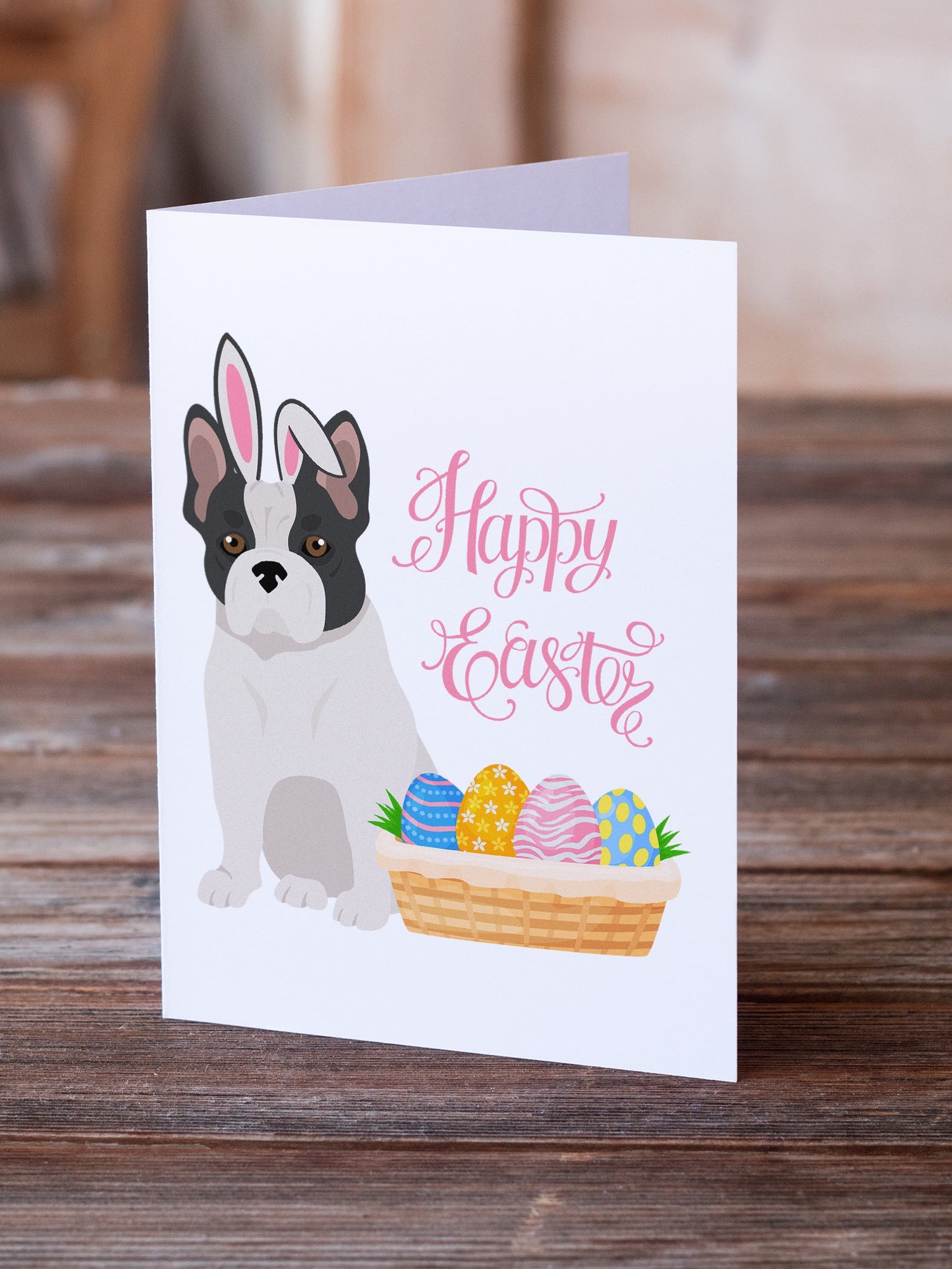 Black and White French Bulldog Easter Greeting Cards Pack of 8 Blank Cards with Envelopes Whimsical A7 Size 5x7