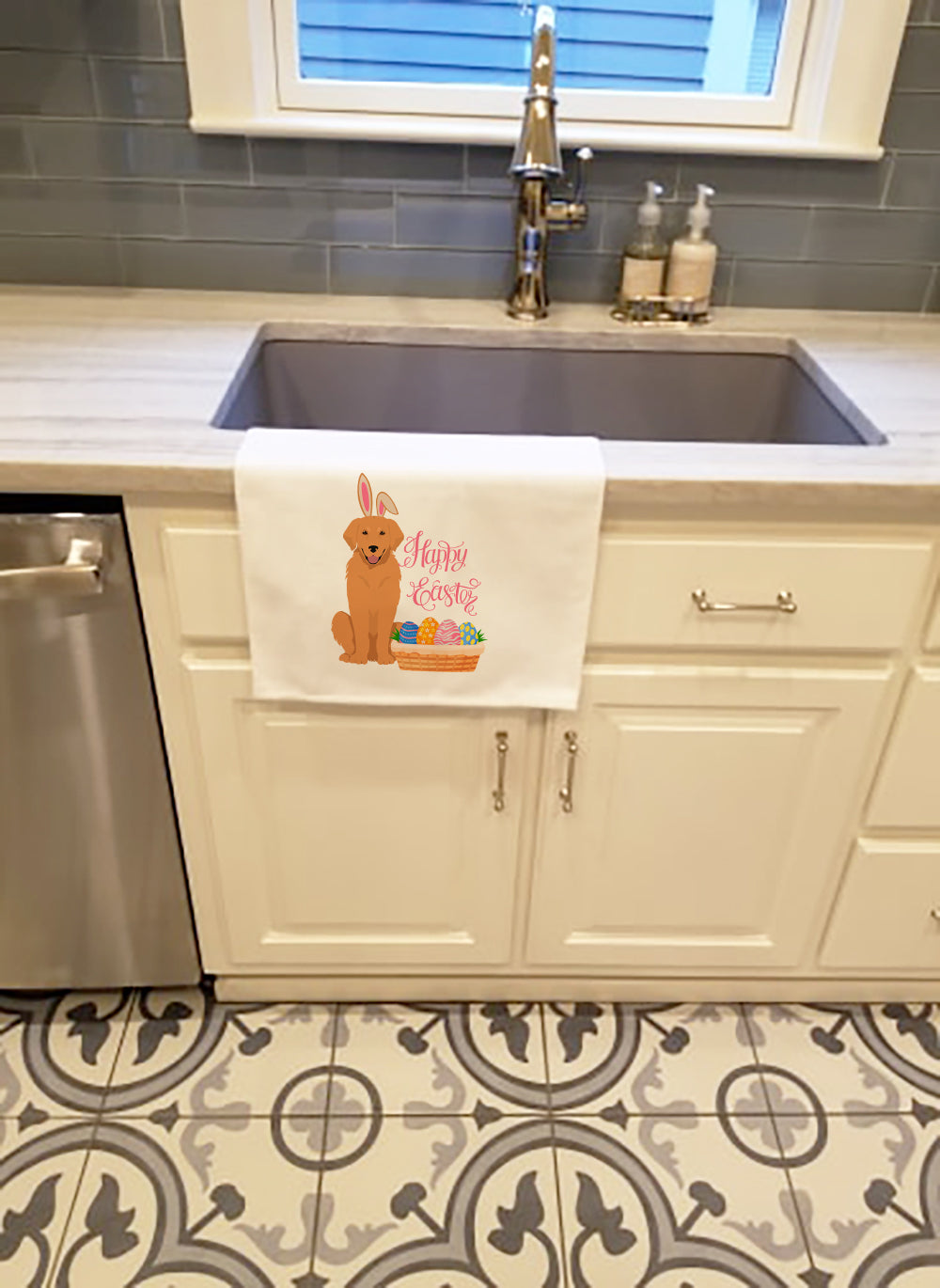 Gold Golden Retriever Easter Kitchen Towel Set of 2 White Dish Towels Decorative Bathroom Hand towel for Hand, Face, Hair, Yoga, Tea, Dishcloth, 19 X 28", White