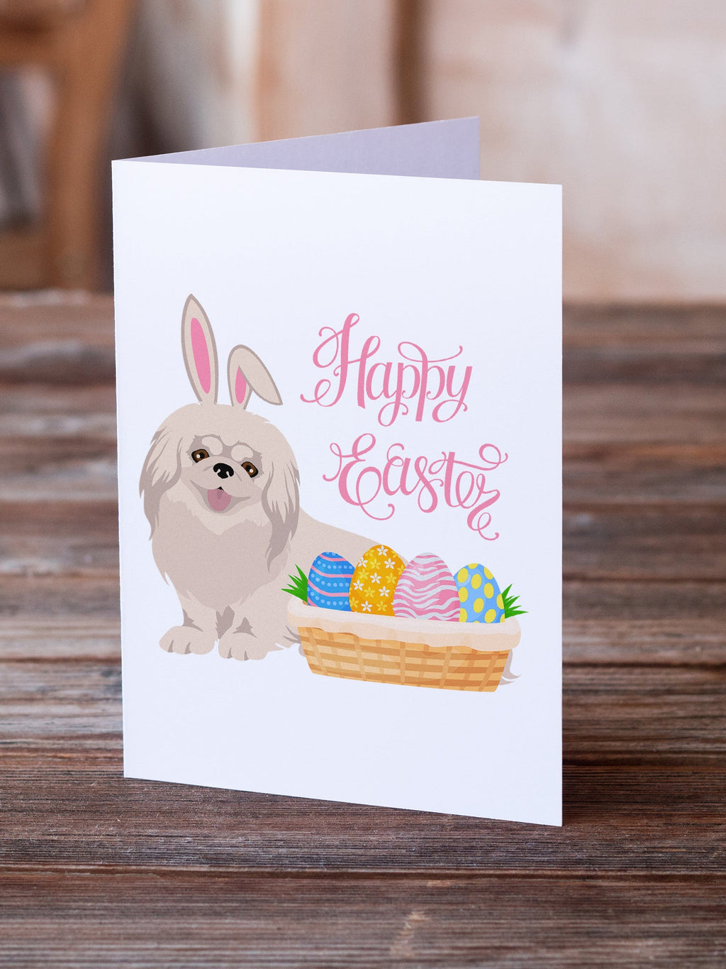 White Pekingese Easter Greeting Cards Pack of 8 Blank Cards with Envelopes Whimsical A7 Size 5x7