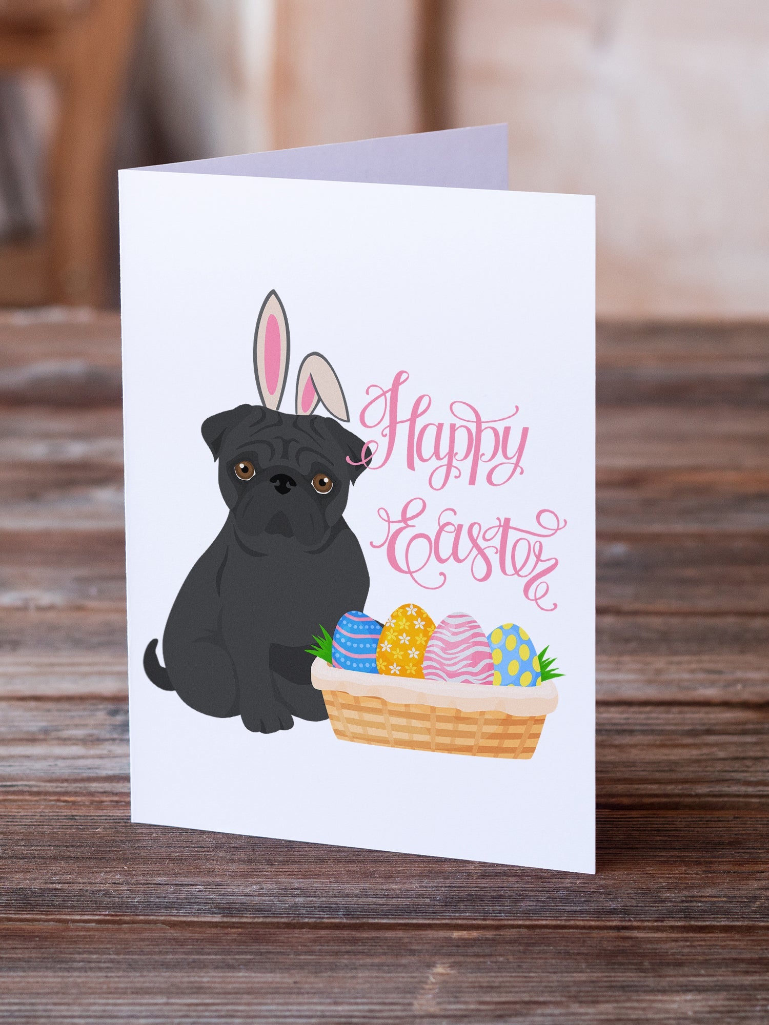 Black Pug Easter Greeting Cards Pack of 8 Blank Cards with Envelopes Whimsical A7 Size 5x7