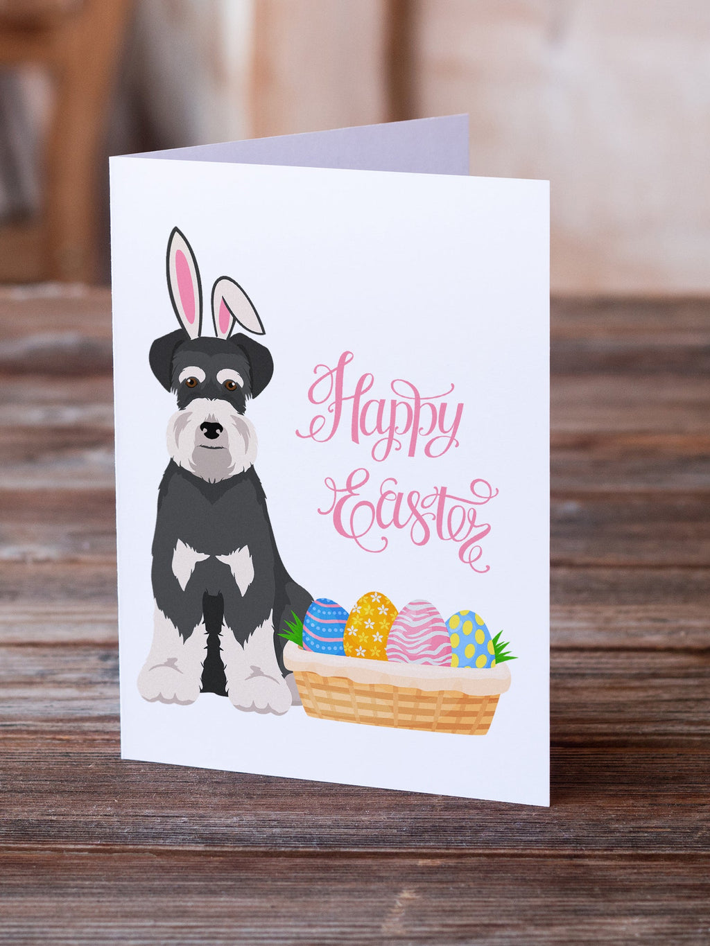 Black and Silver Natural Ears Schnauzer Easter Greeting Cards Pack of 8 Blank Cards with Envelopes Whimsical A7 Size 5x7