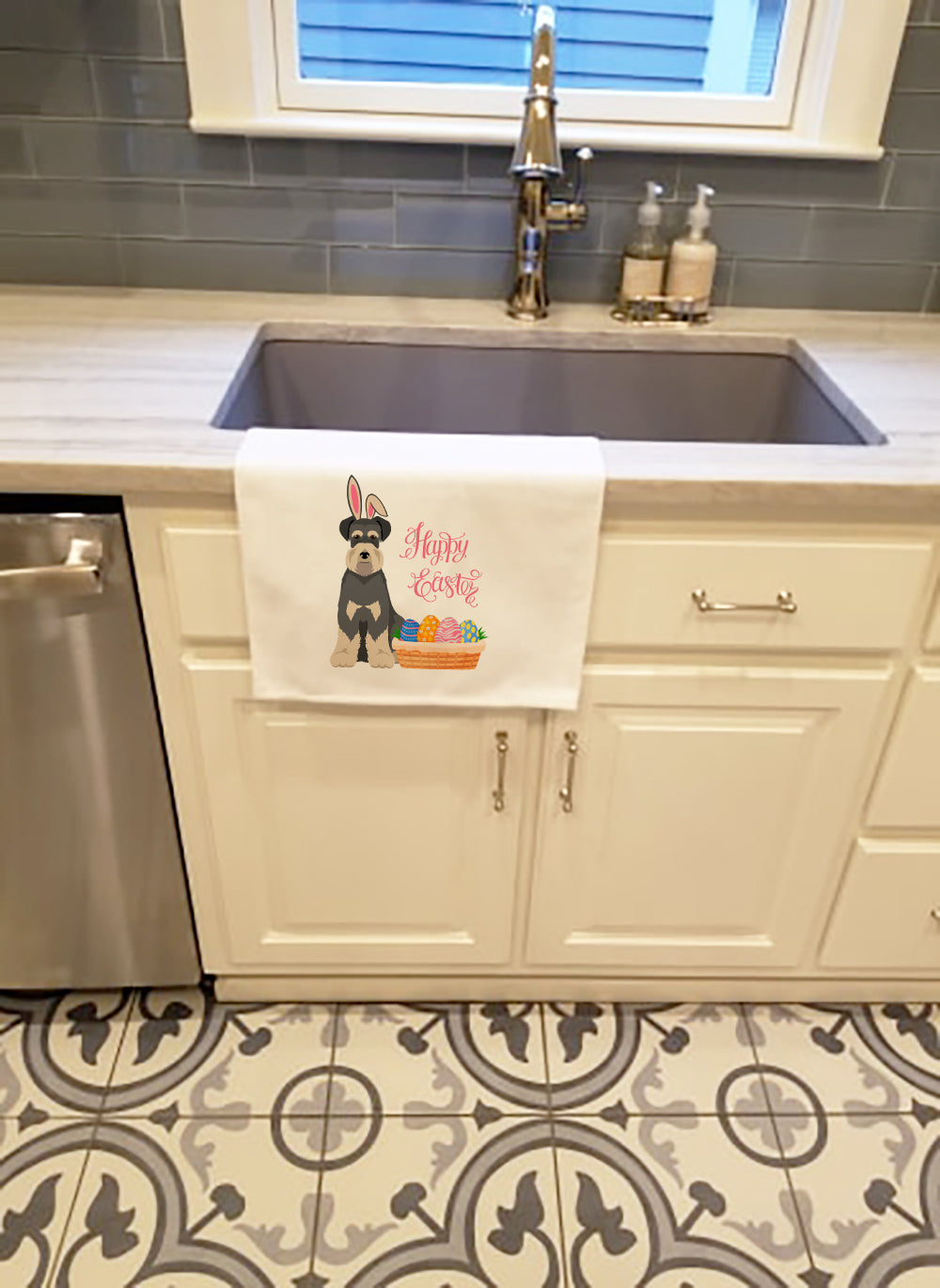 Salt Pepper Natural Ears Schnauzer Easter Kitchen Towel Set of 2 White Dish Towels Decorative Bathroom Hand towel for Hand, Face, Hair, Yoga, Tea, Dishcloth, 19 X 28", White