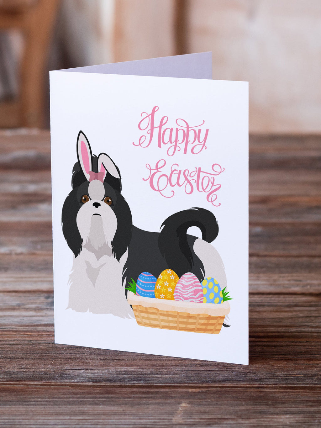 Black and White Shih Tzu Easter Greeting Cards Pack of 8 Blank Cards with Envelopes Whimsical A7 Size 5x7