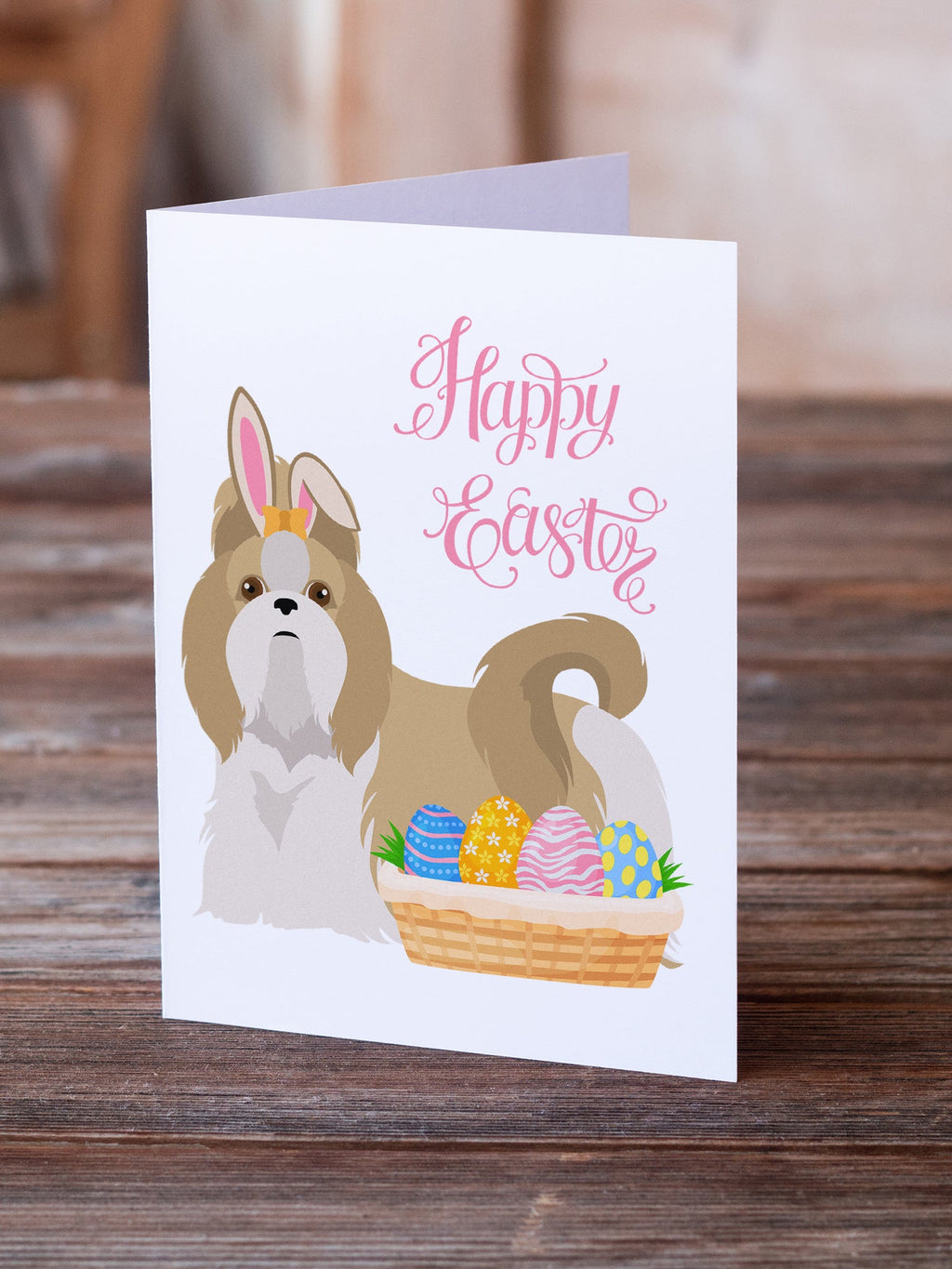 Gold and White Shih Tzu Easter Greeting Cards Pack of 8 Blank Cards with Envelopes Whimsical A7 Size 5x7