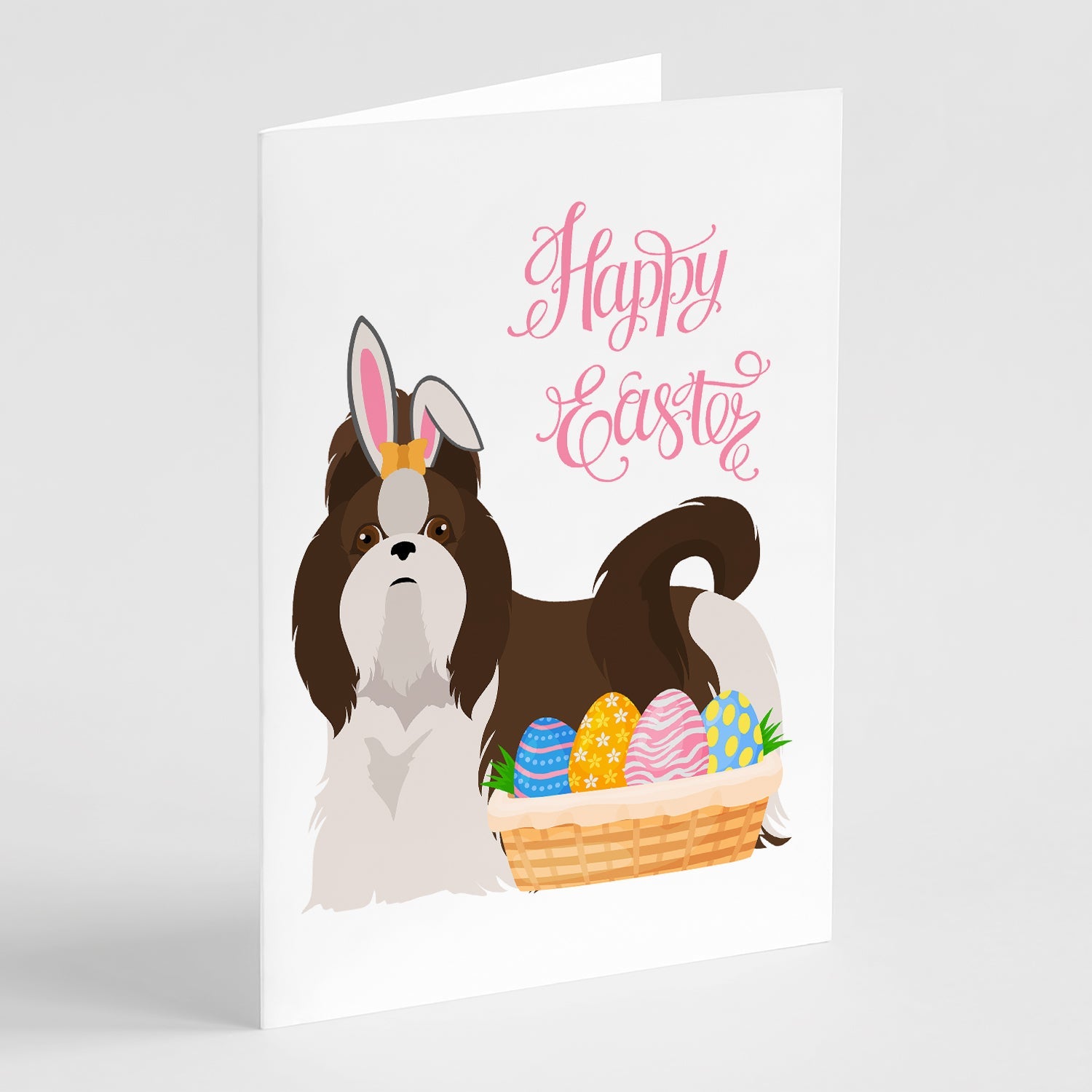 Liver and White Shih Tzu Easter Greeting Cards Pack of 8 Blank Cards with Envelopes Whimsical A7 Size 5x7