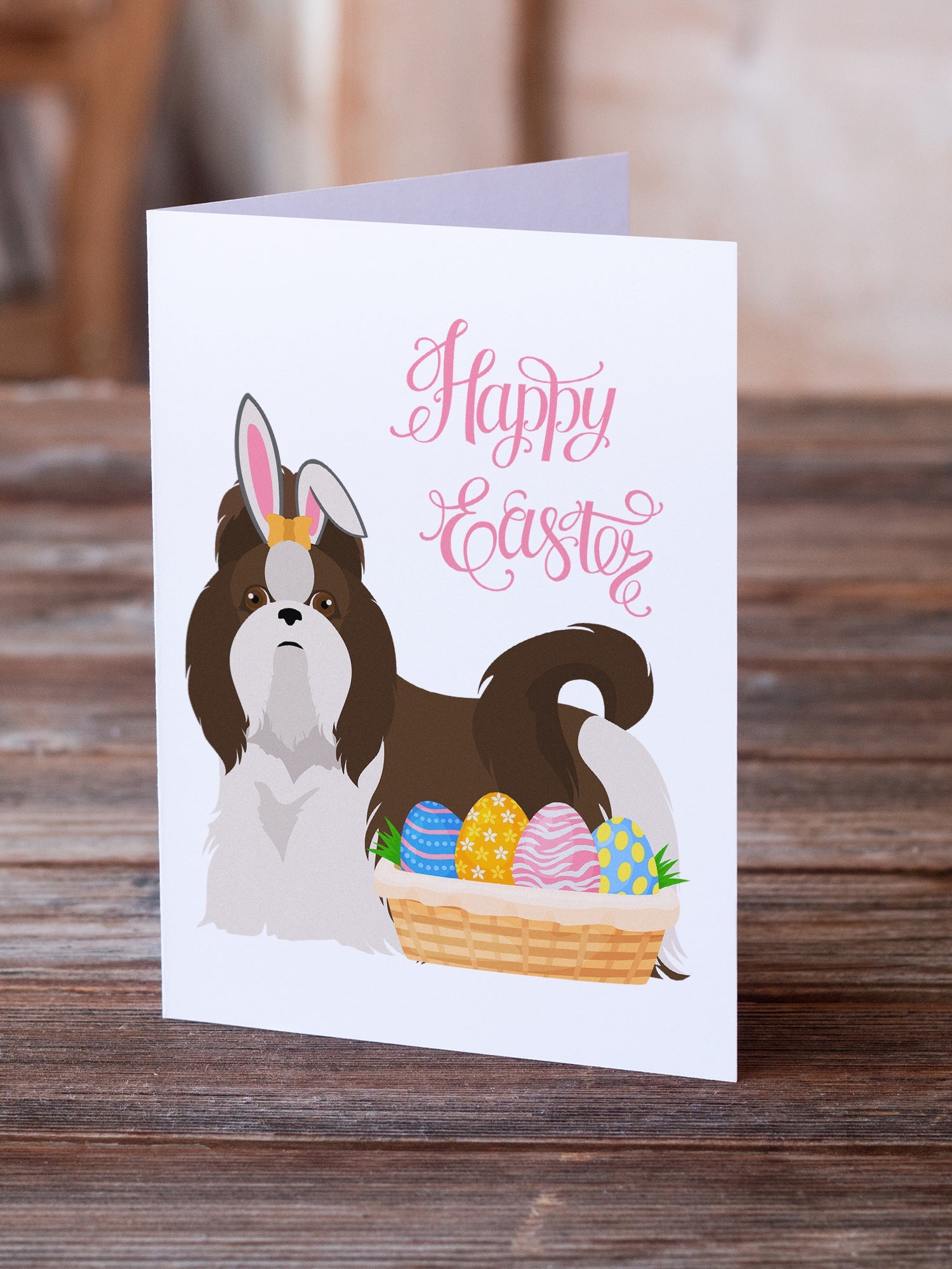 Liver and White Shih Tzu Easter Greeting Cards Pack of 8 Blank Cards with Envelopes Whimsical A7 Size 5x7