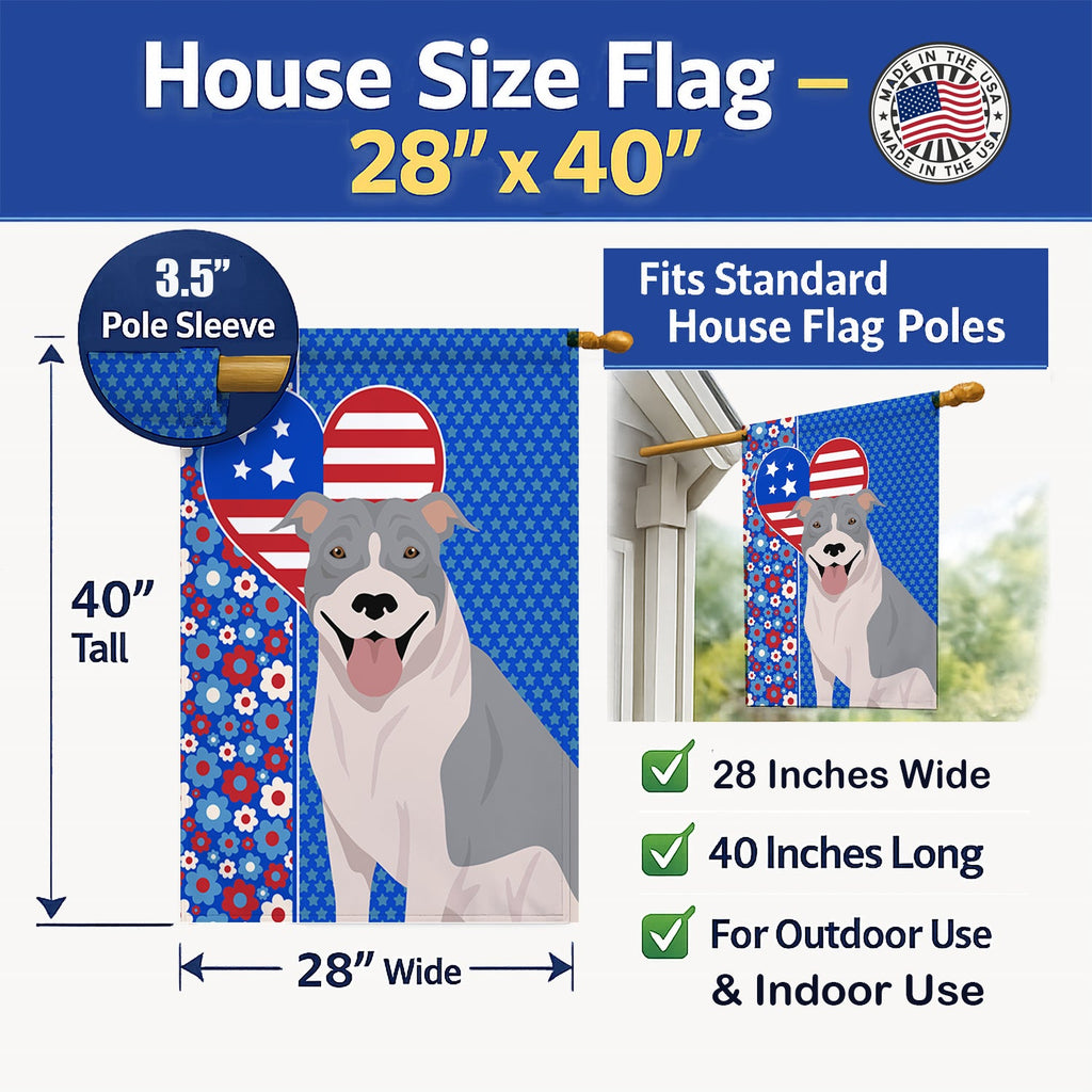 Blue and White Pit Bull Terrier USA American House Flag 28x40 Porch Sleeve Pole Decorative Outside Yard Banner Artwork Wall Hanging, Polyester