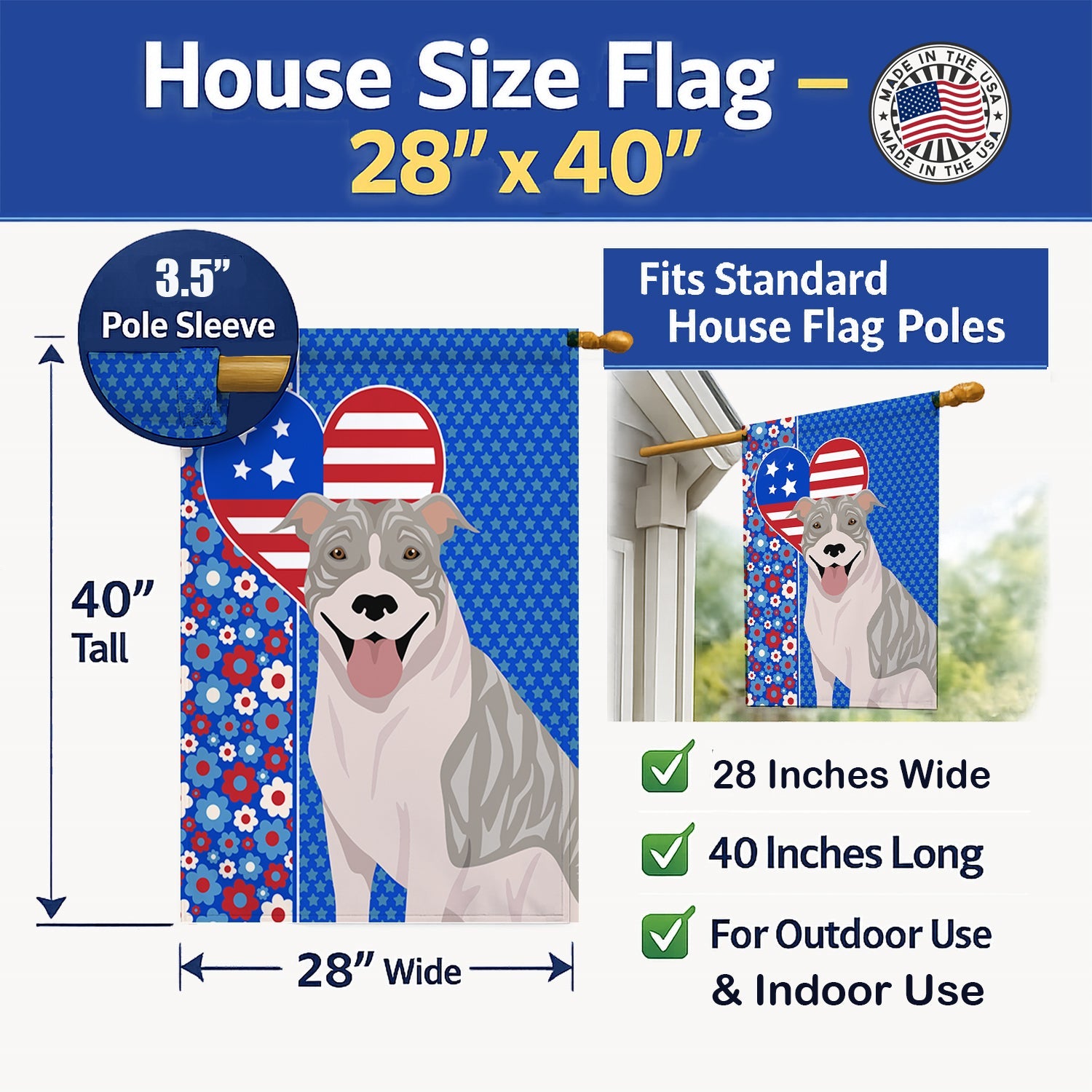 Blue Brindle Pit Bull Terrier USA American House Flag 28x40 Porch Sleeve Pole Decorative Outside Yard Banner Artwork Wall Hanging, Polyester