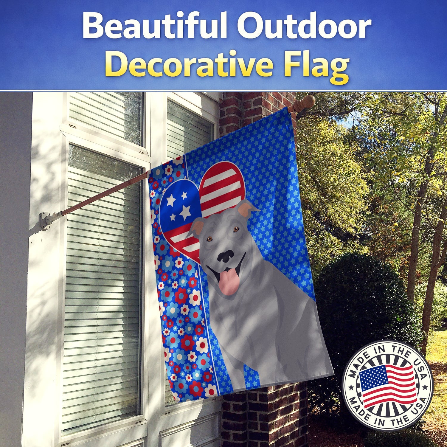 Blue Pit Bull Terrier USA American House Flag 28x40 Porch Sleeve Pole Decorative Outside Yard Banner Artwork Wall Hanging, Polyester