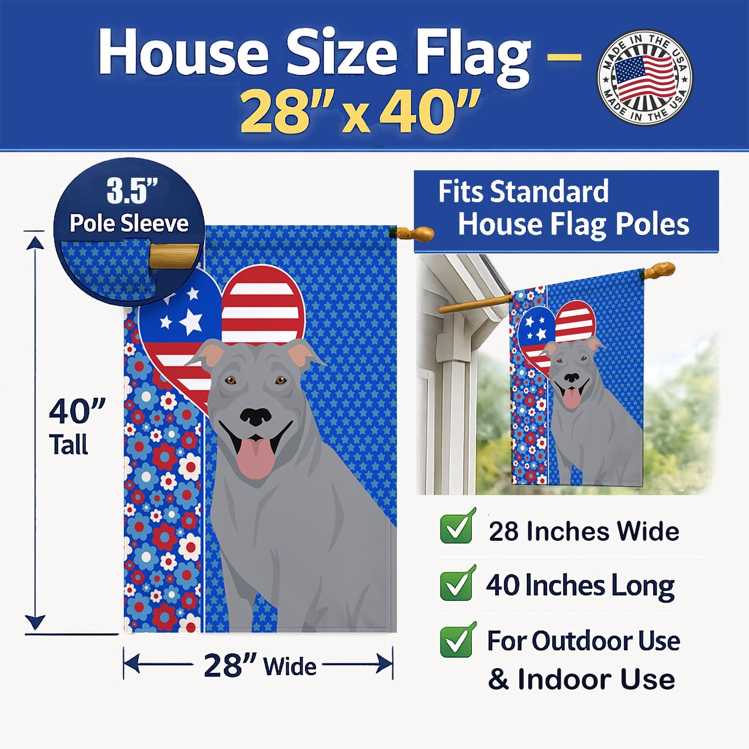 Blue Pit Bull Terrier USA American House Flag 28x40 Porch Sleeve Pole Decorative Outside Yard Banner Artwork Wall Hanging, Polyester