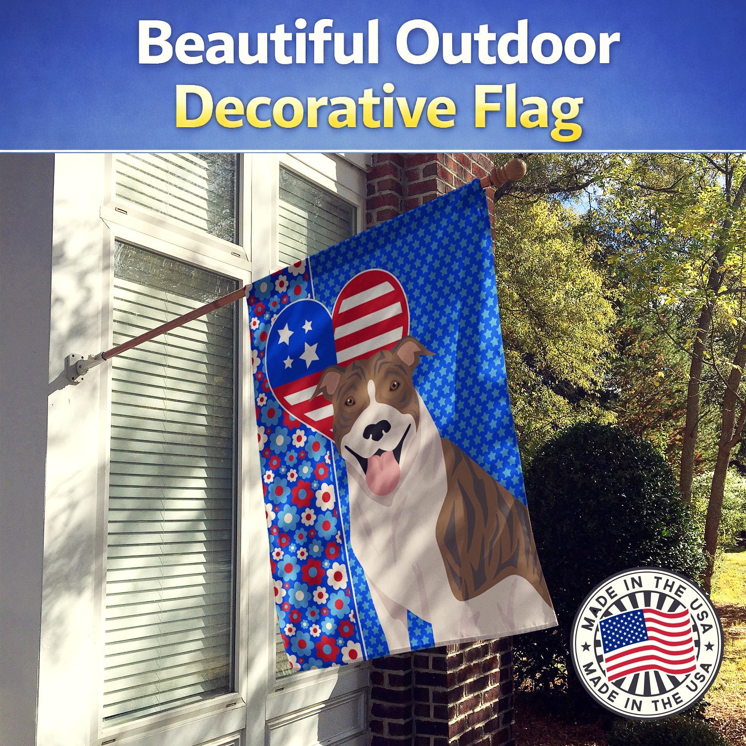 Fawn Brindle Pit Bull Terrier USA American House Flag 28x40 Porch Sleeve Pole Decorative Outside Yard Banner Artwork Wall Hanging, Polyester