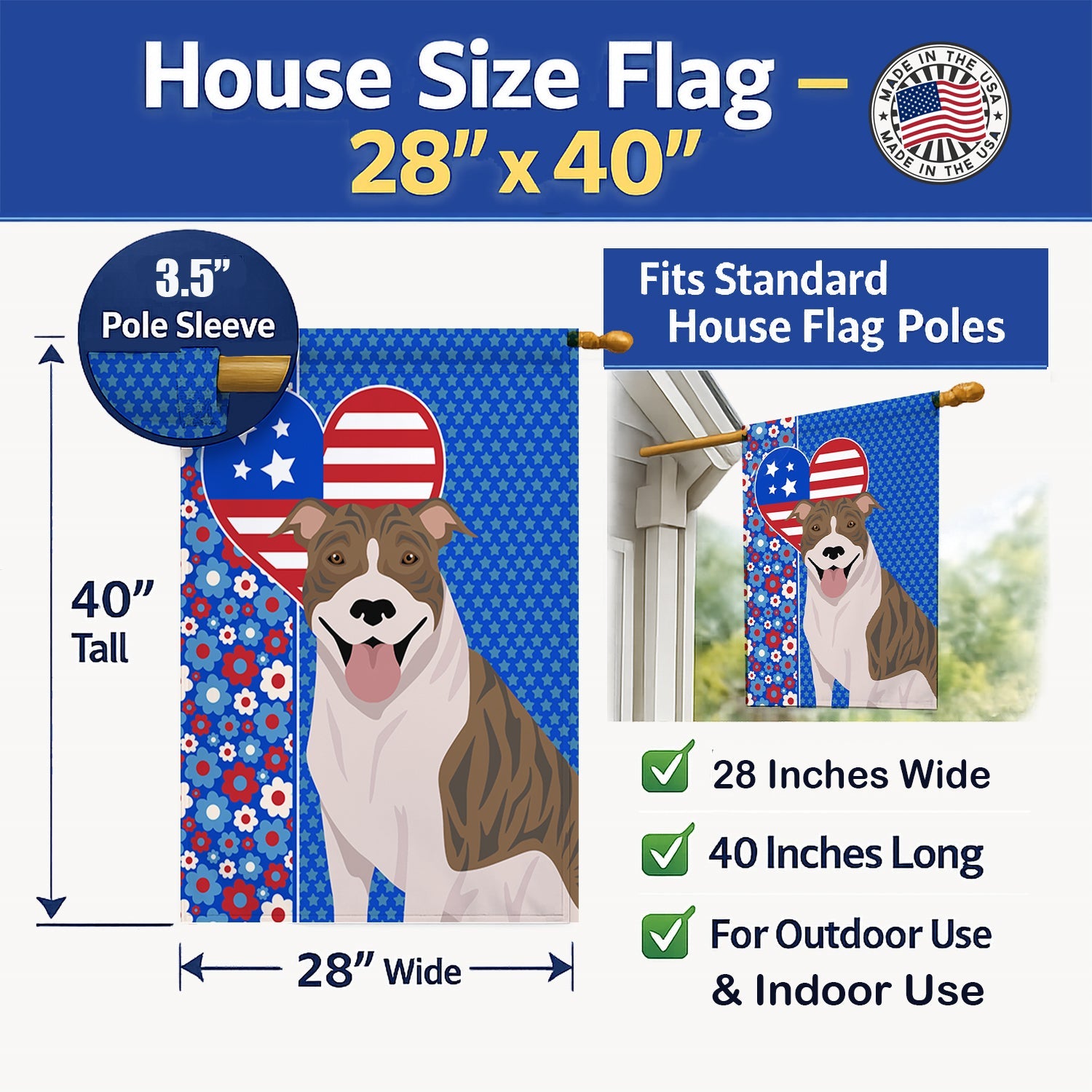 Fawn Brindle Pit Bull Terrier USA American House Flag 28x40 Porch Sleeve Pole Decorative Outside Yard Banner Artwork Wall Hanging, Polyester