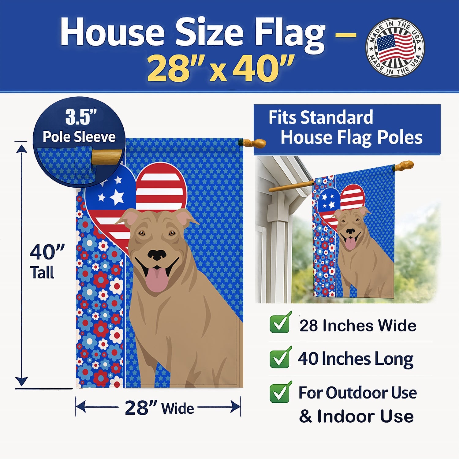 Fawn Pit Bull Terrier USA American House Flag 28x40 Porch Sleeve Pole Decorative Outside Yard Banner Artwork Wall Hanging, Polyester