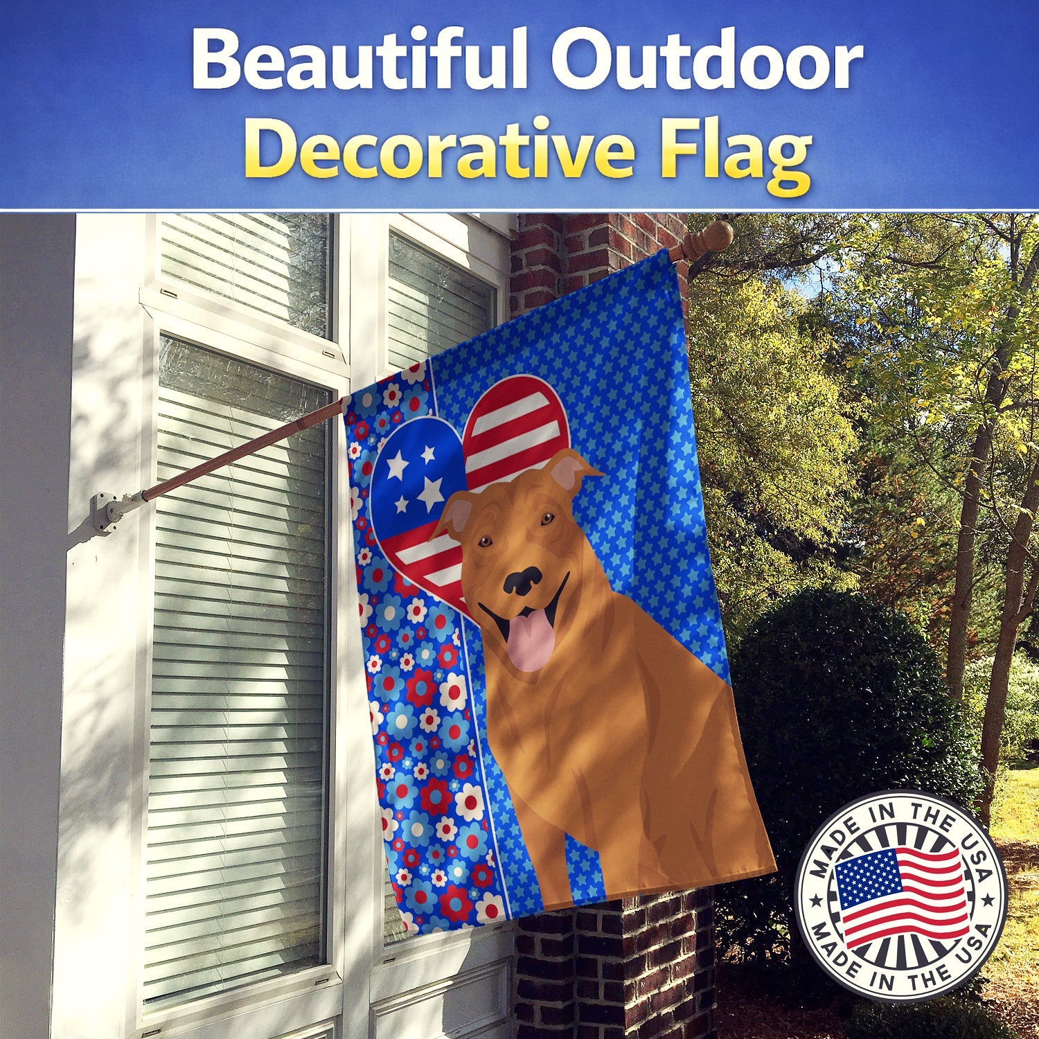 Red Pit Bull Terrier USA American House Flag 28x40 Porch Sleeve Pole Decorative Outside Yard Banner Artwork Wall Hanging, Polyester